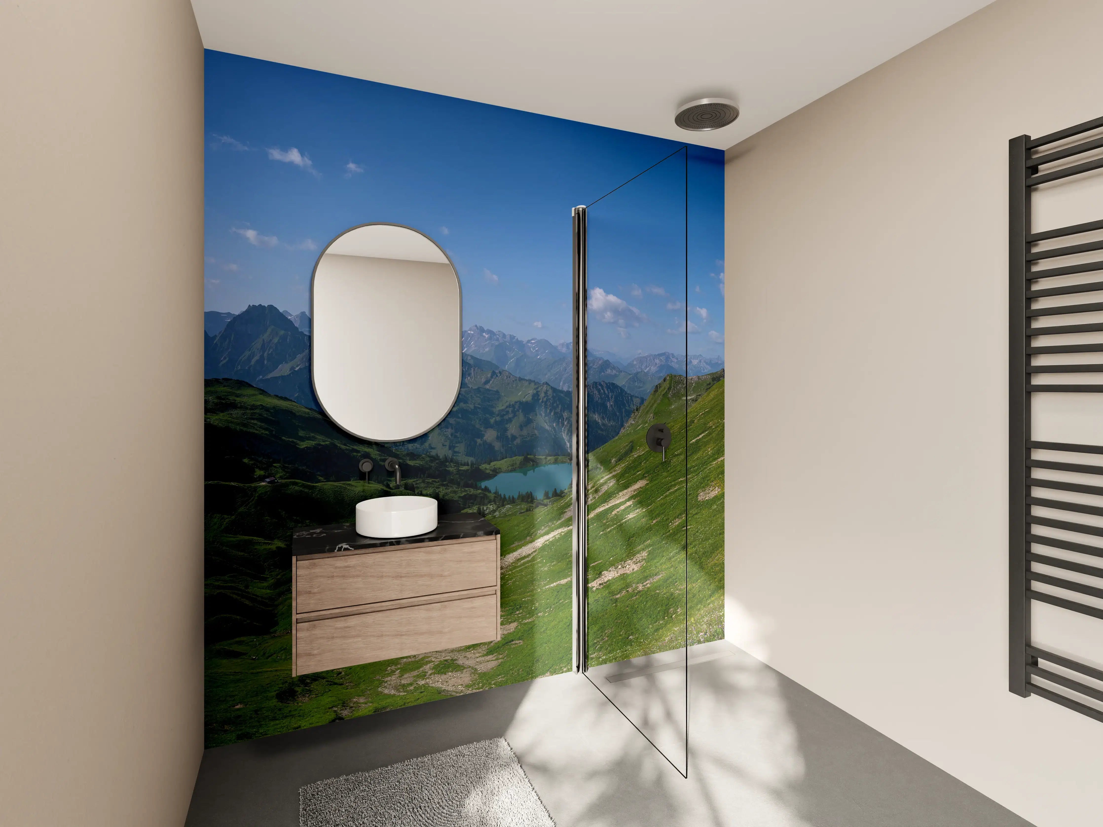 Wandverkleidung Bad - Majestätische Berge und grüne Hügellandschaft