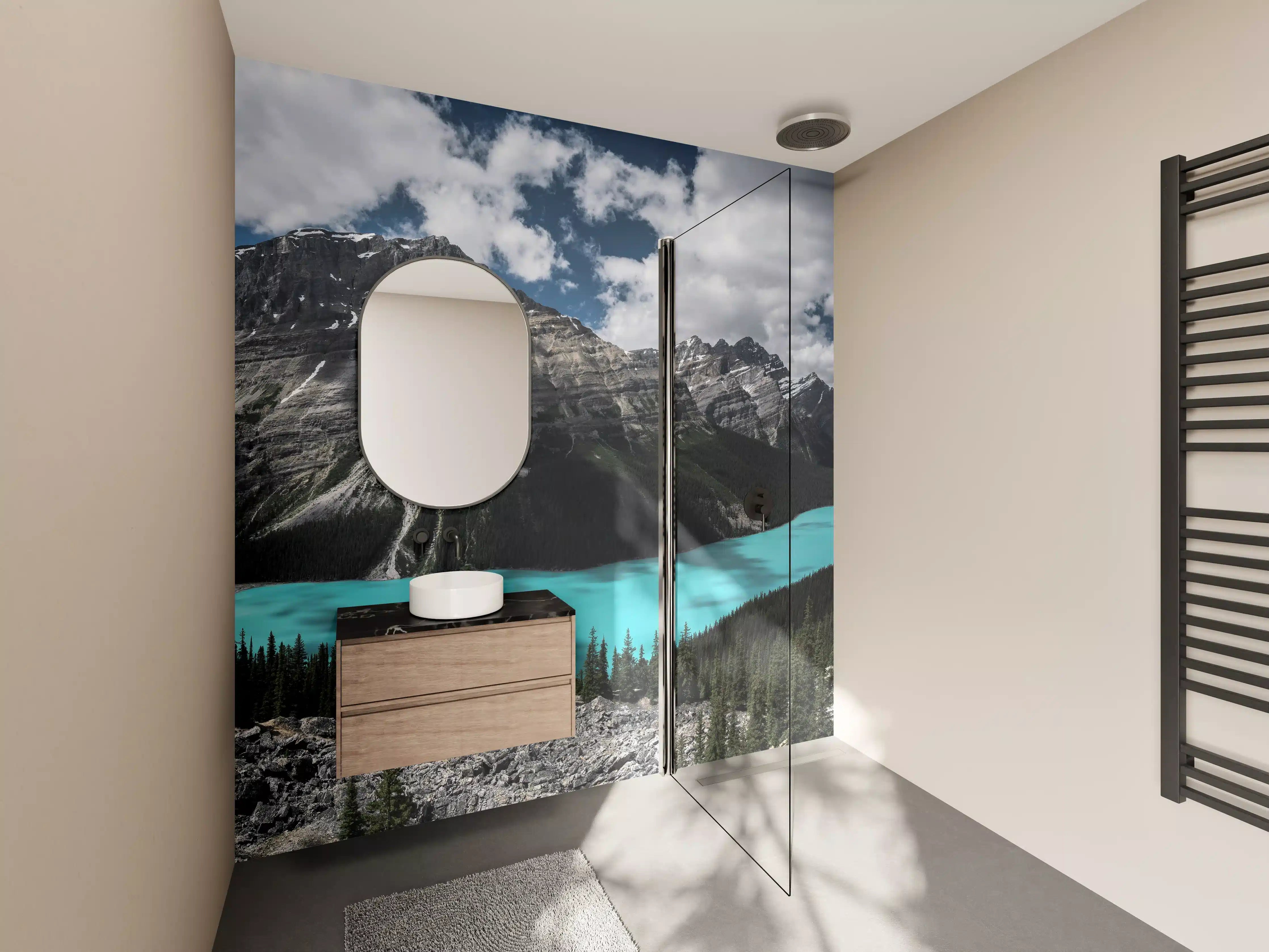 Wandverkleidung Bad - Majestätische Berglandschaft mit türkisblauem See