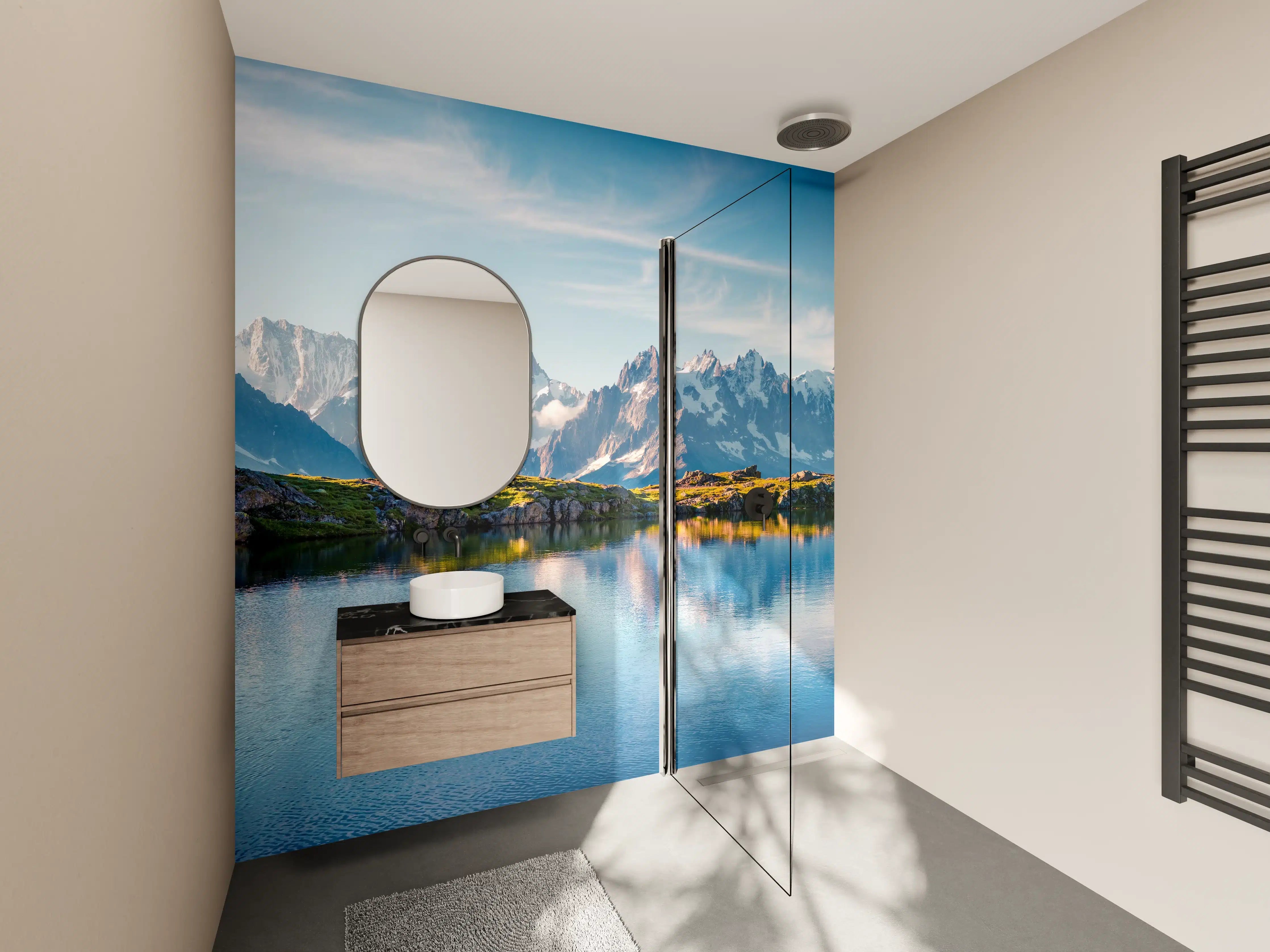 Wandverkleidung Bad - Majestätische Bergwelt am klaren See