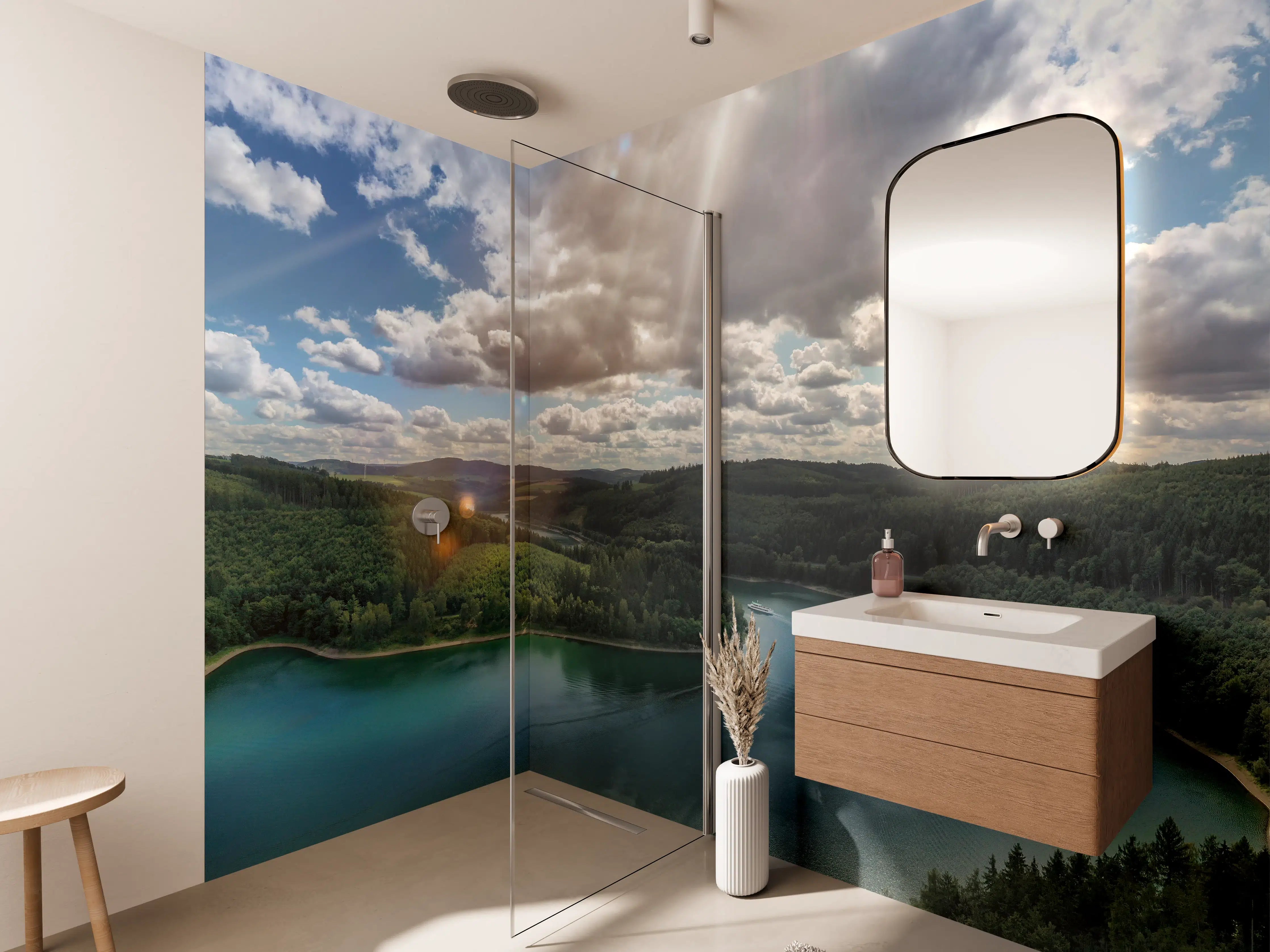 Wandverkleidung Bad - Majestätische Seenlandschaft bei Sonnenlicht