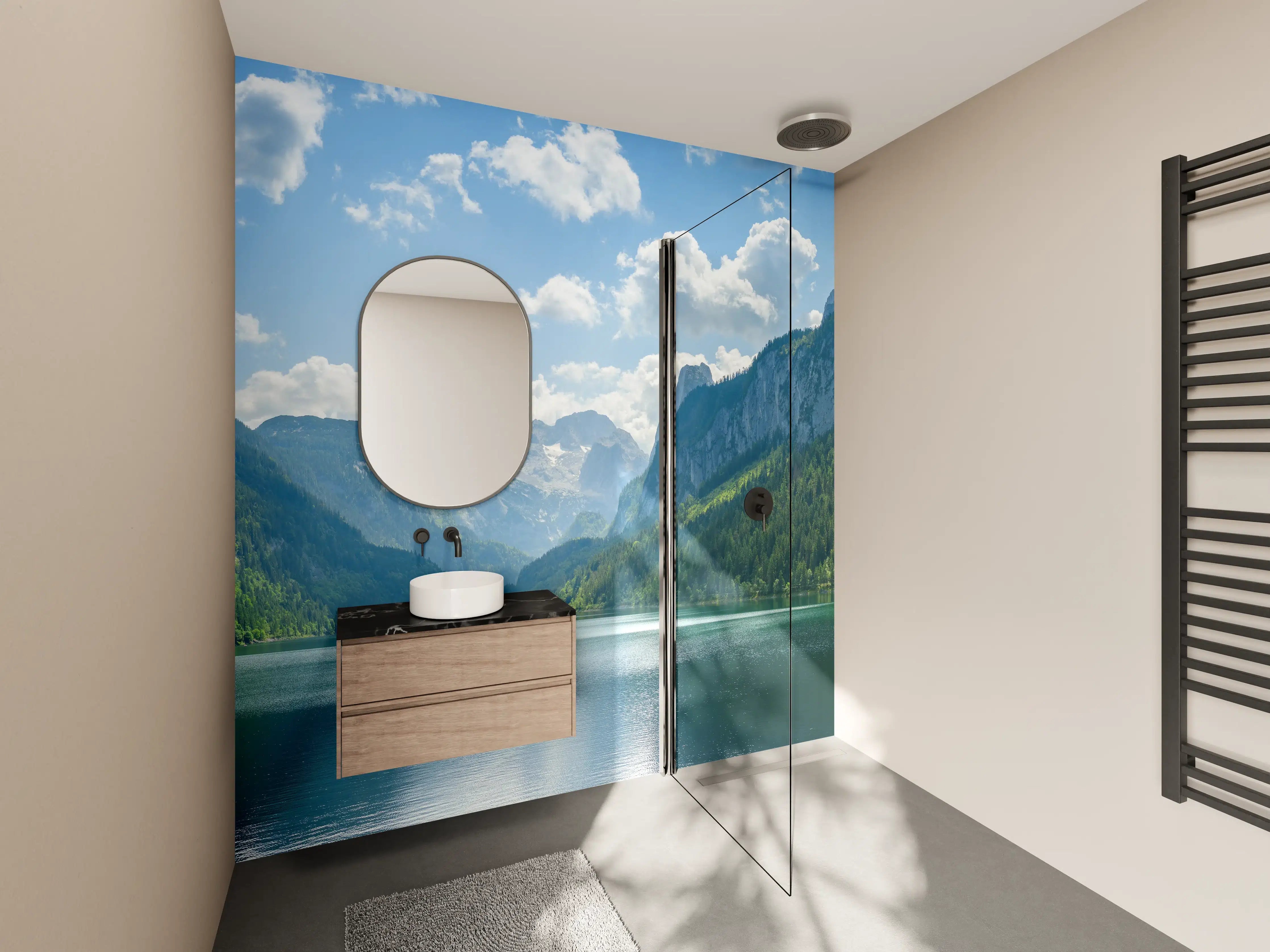Wandverkleidung Bad - Majestätische bergsee mit grünen Hängen