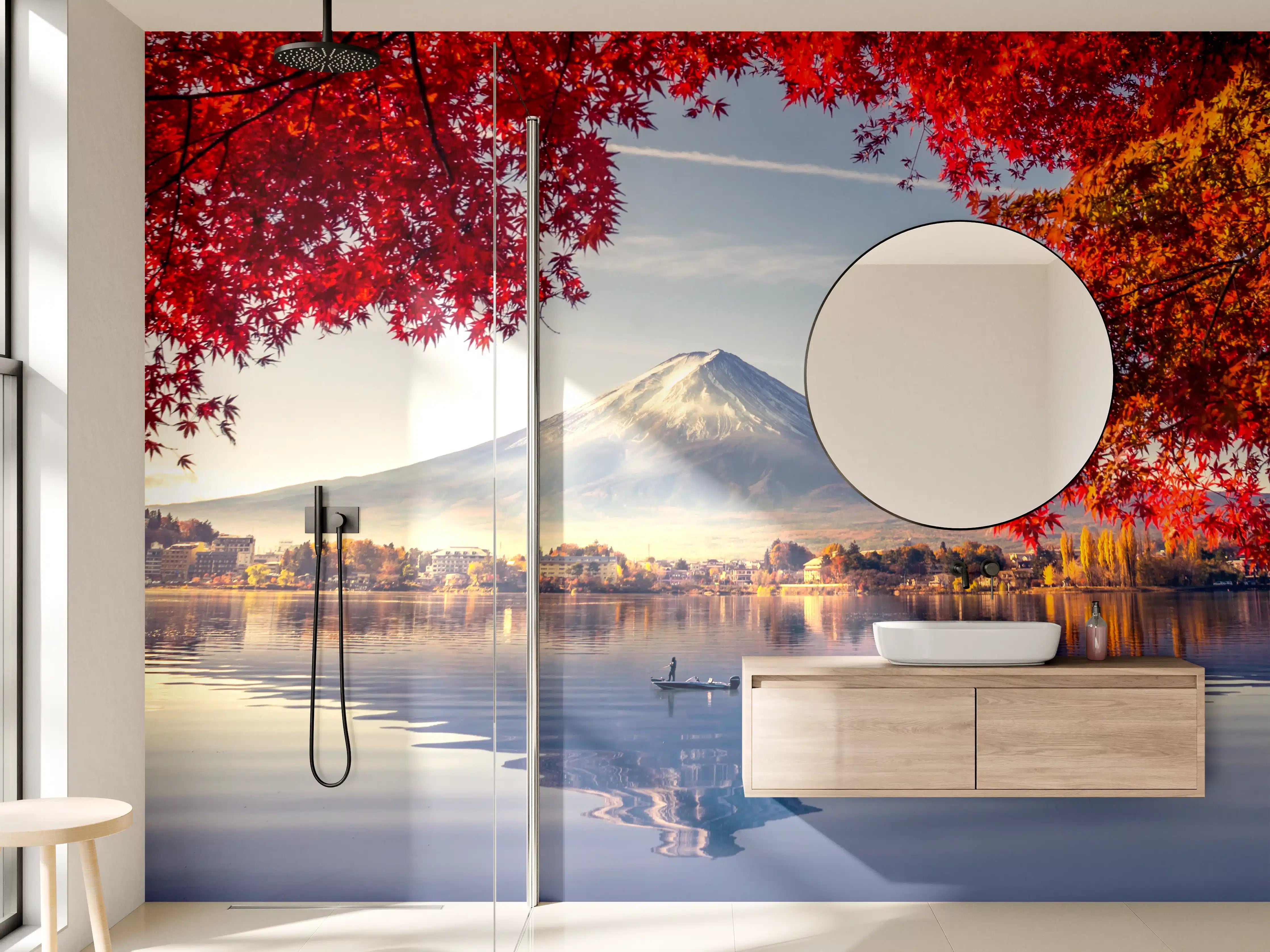 Wandverkleidung Bad - Majestätischer Mount Fuji mit Herbstlaub
