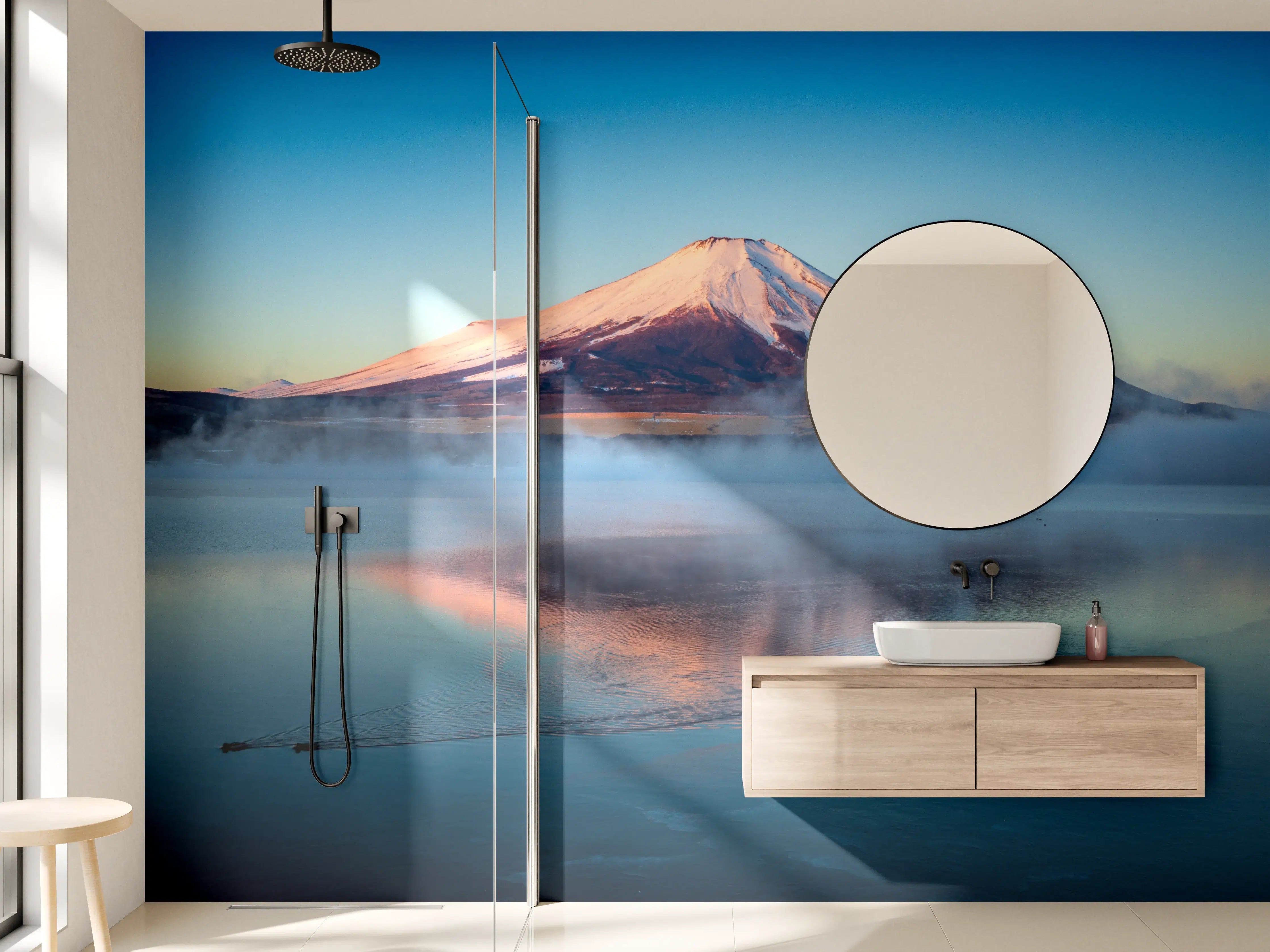 Wandverkleidung Bad - Majestätischer Vulkan mit spiegelnder Wasseroberfläche