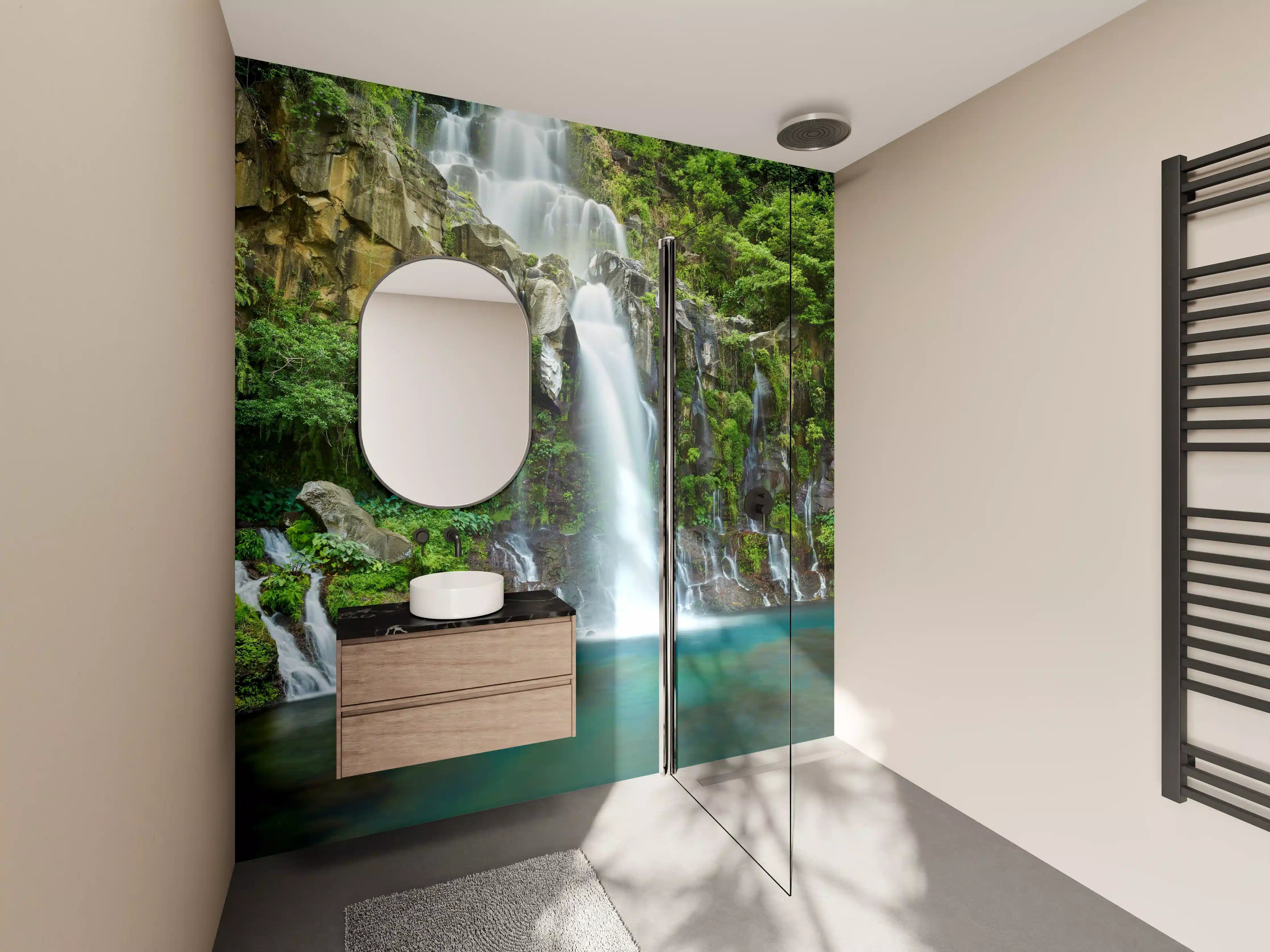 Wandverkleidung Bad - Majestätischer Wasserfall in grünem Dschungel