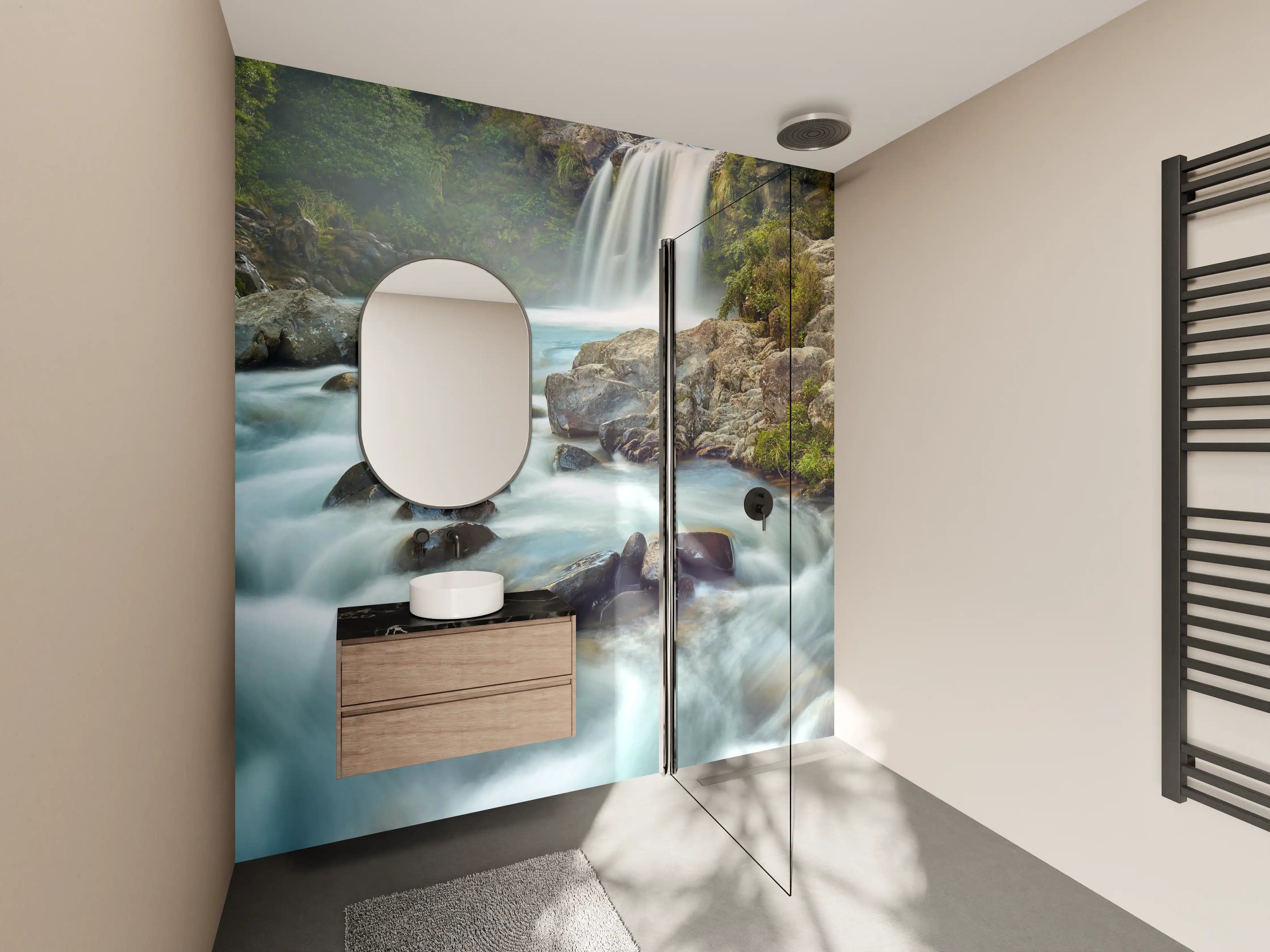 Wandverkleidung Bad - Majestätischer Wasserfall mit Felsen