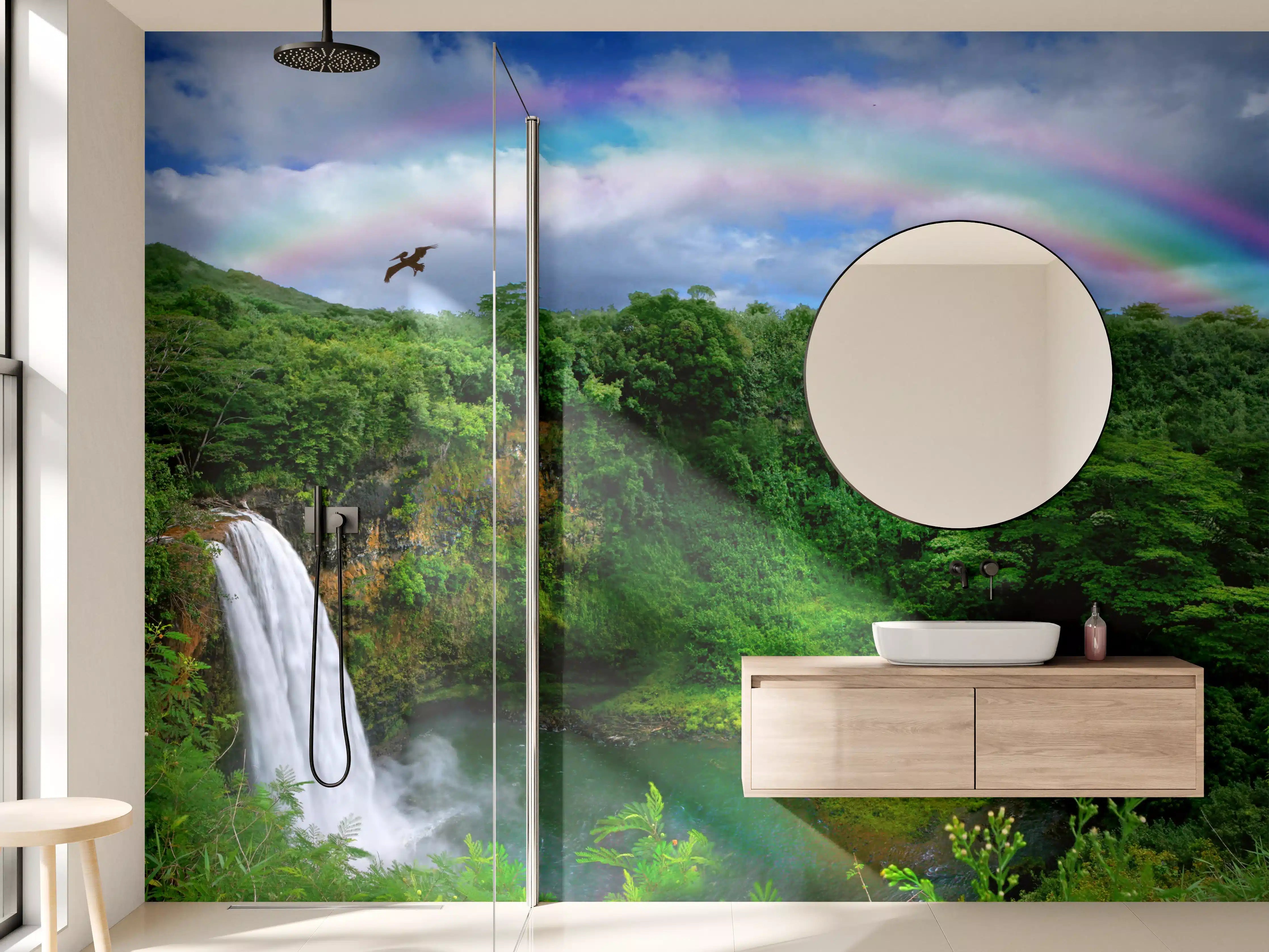 Wandverkleidung Bad - Majestätischer Wasserfall mit Regenbogen und Vogel
