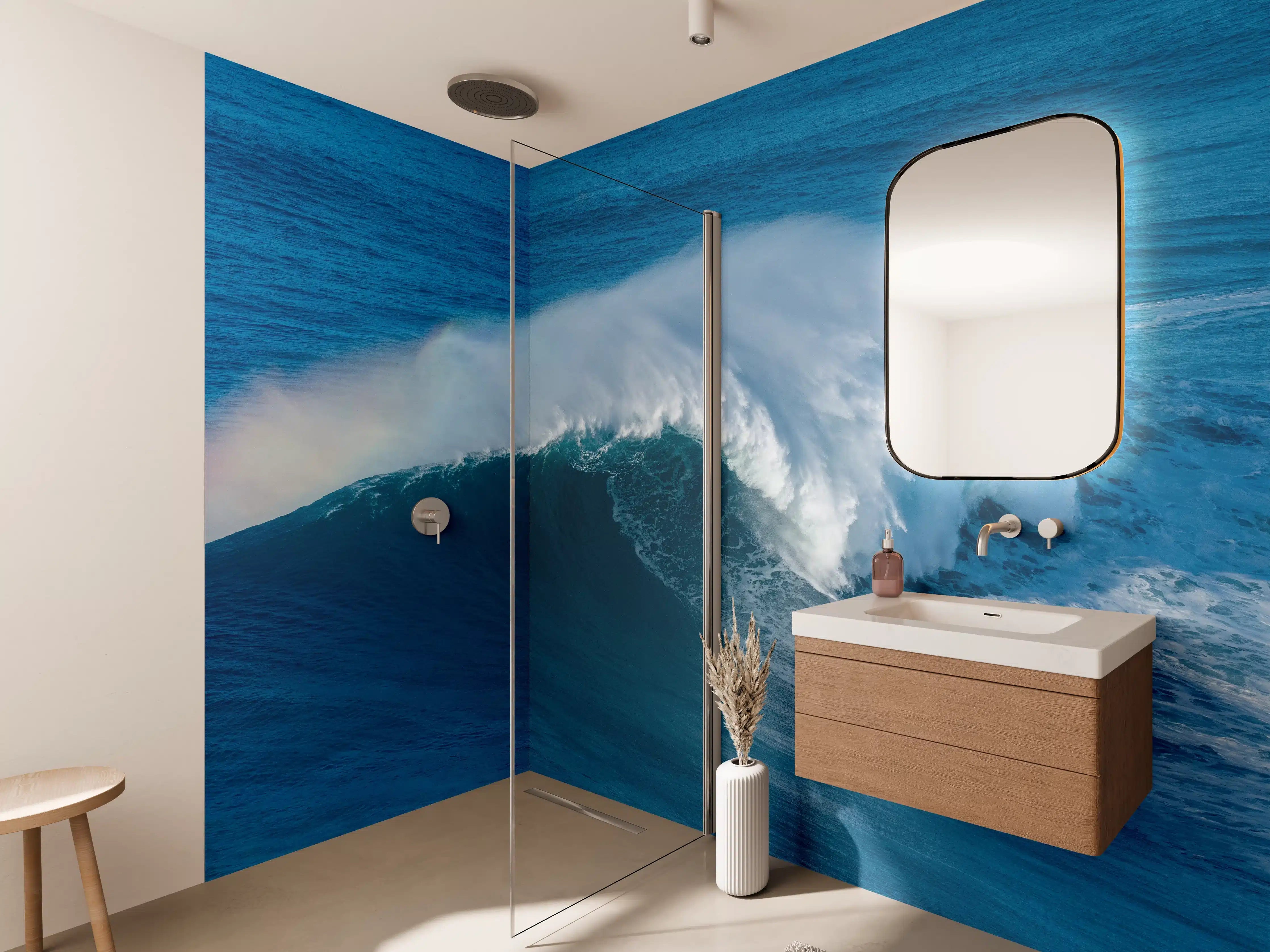 Wandverkleidung Bad - Majestische Meereswelle bei Sonnenlicht