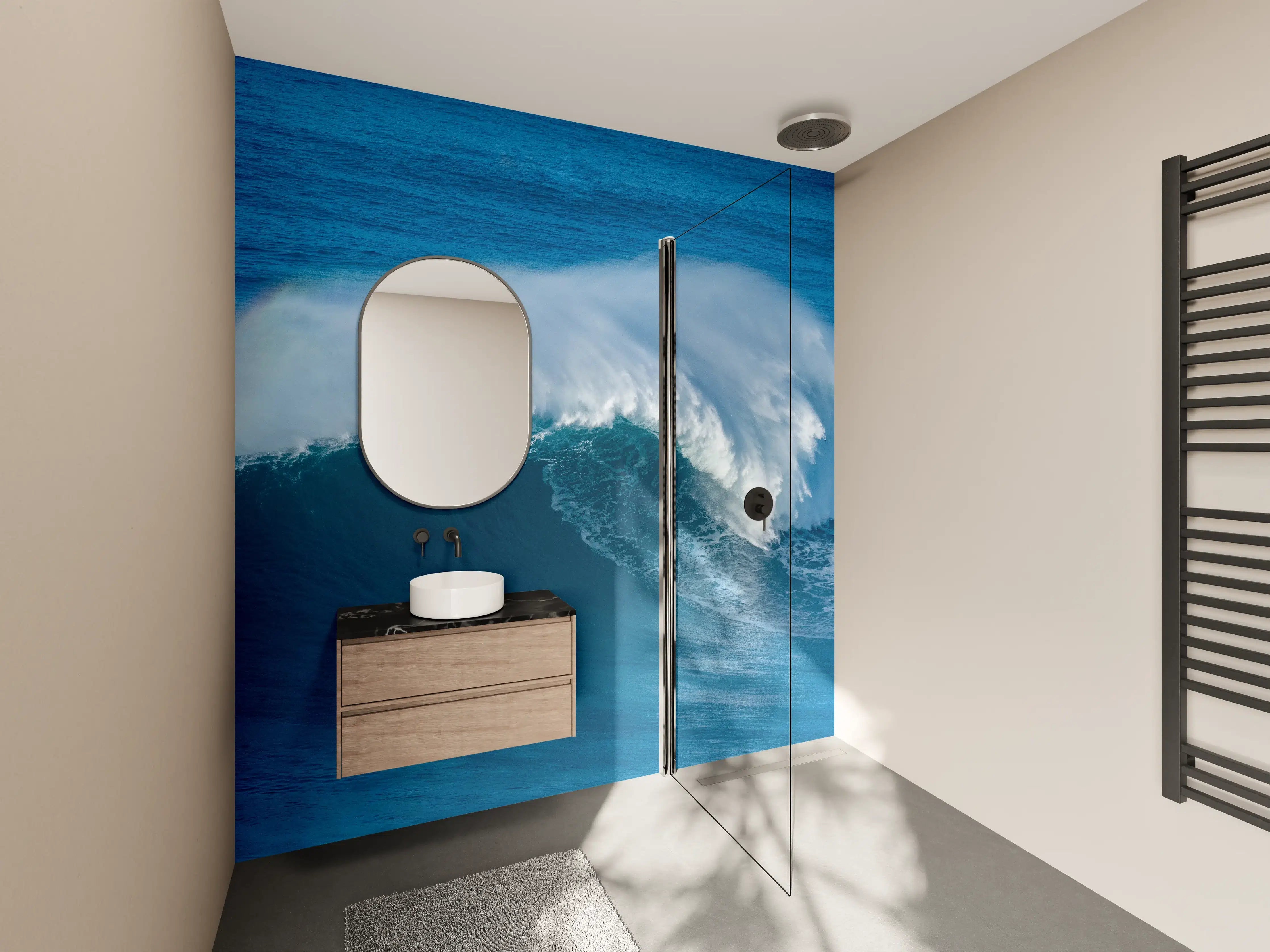 Wandverkleidung Bad - Majestische Meereswelle bei Sonnenlicht