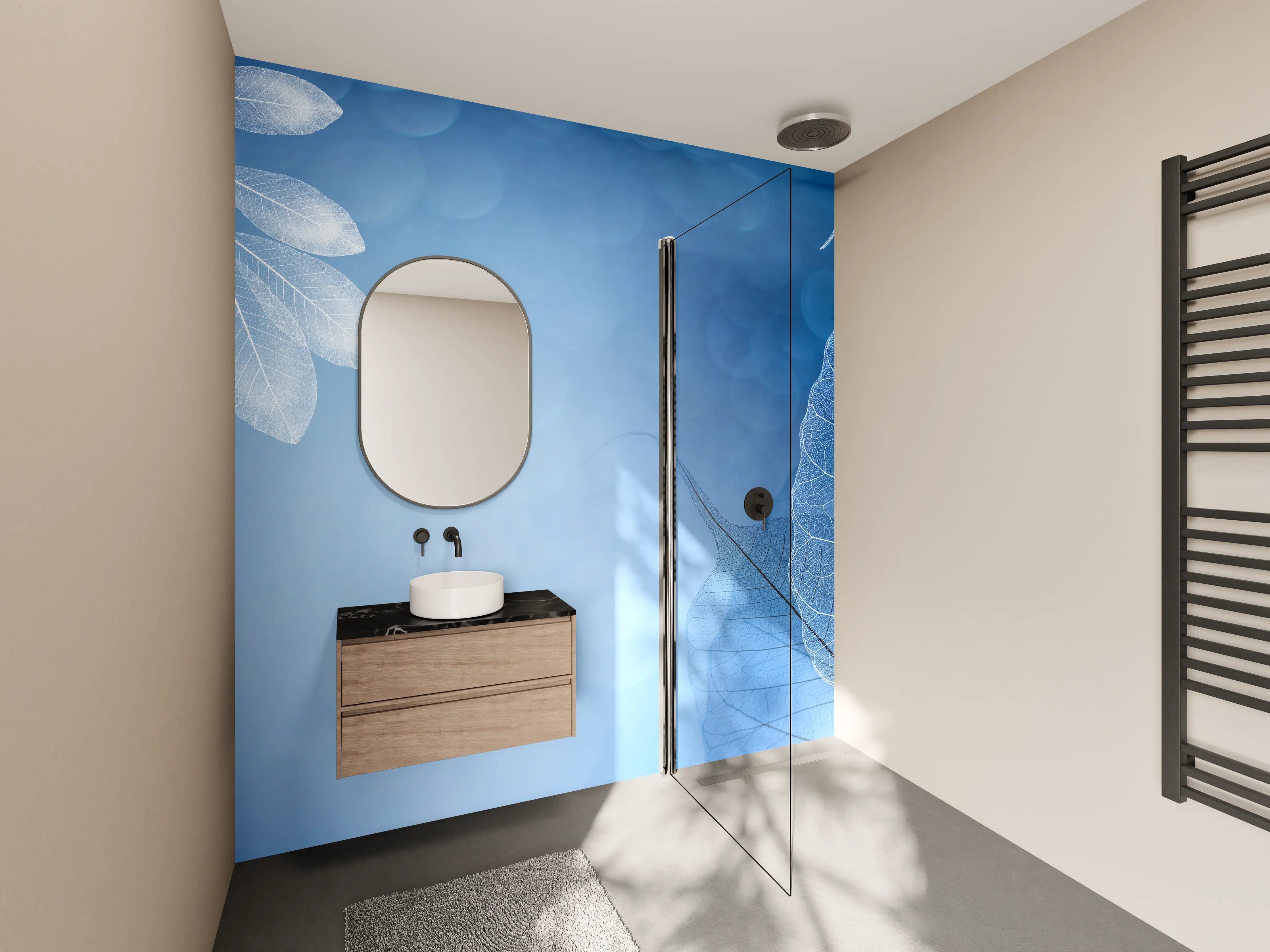Wandverkleidung Bad - Makro Blätter Blau-Grau Kunst