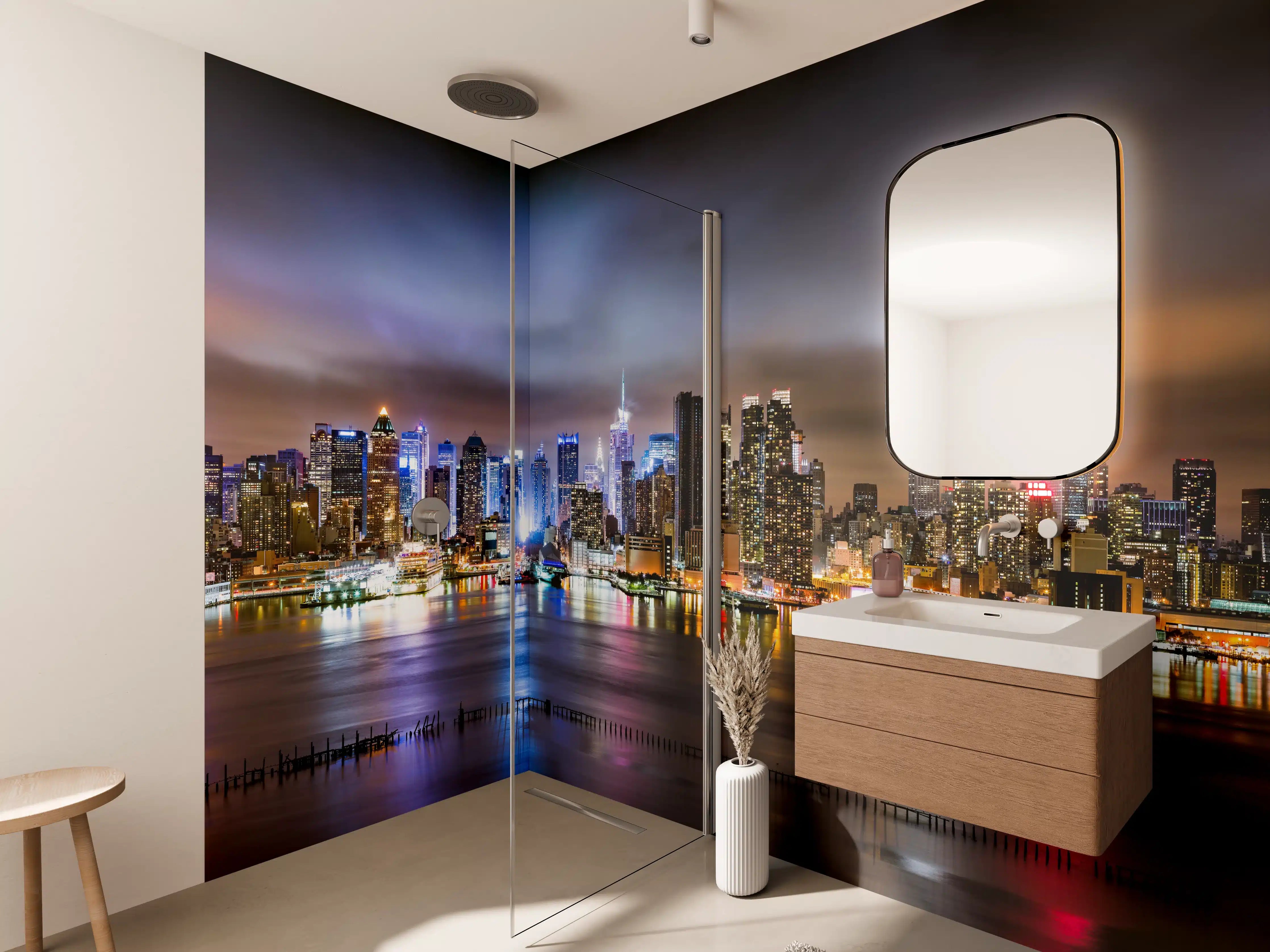 Wandverkleidung Bad - Manhattan Skyline im nächtlichen Panorama