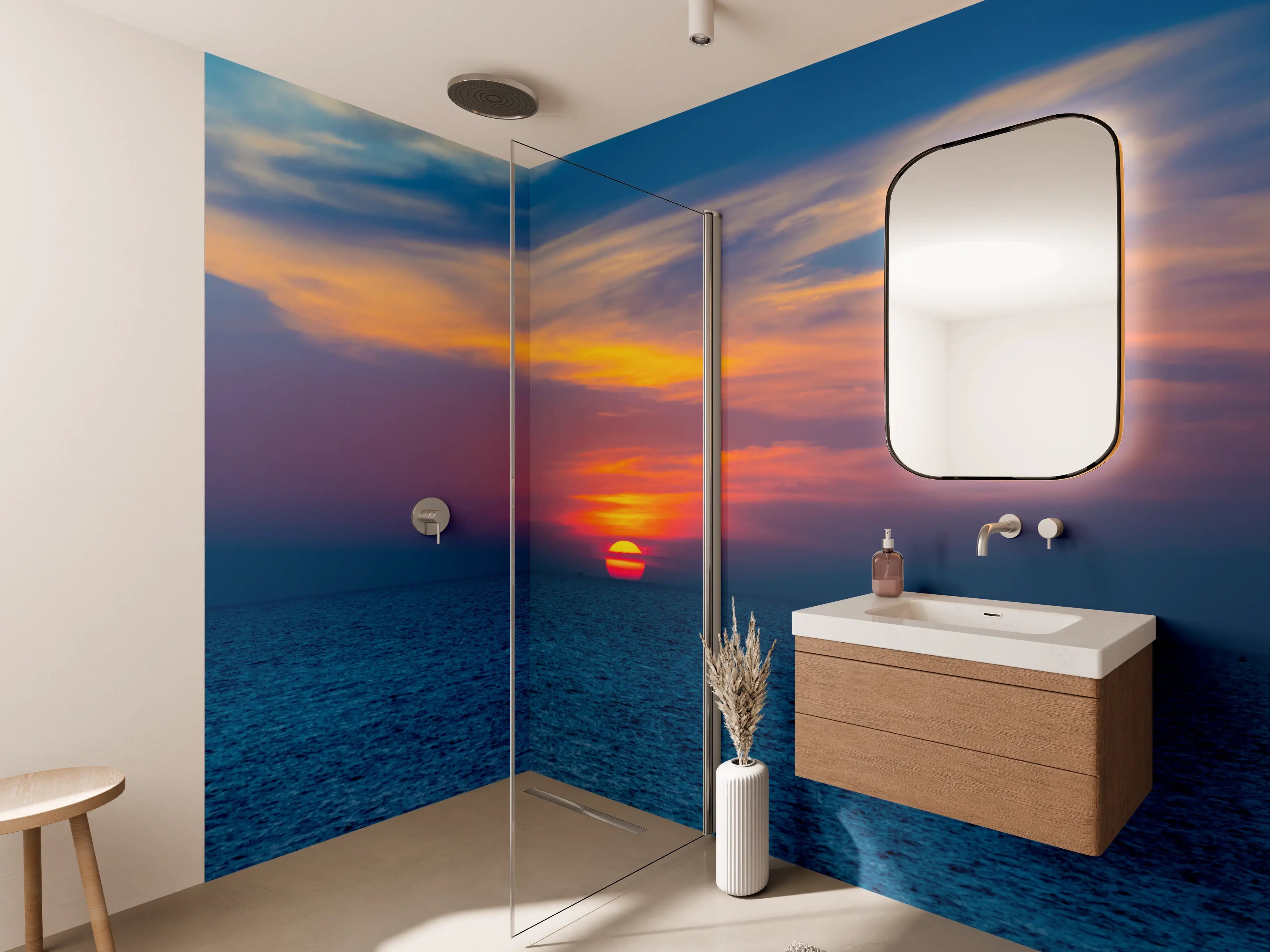 Wandverkleidung Bad - Meer-Sonnenuntergang Blau-Orange