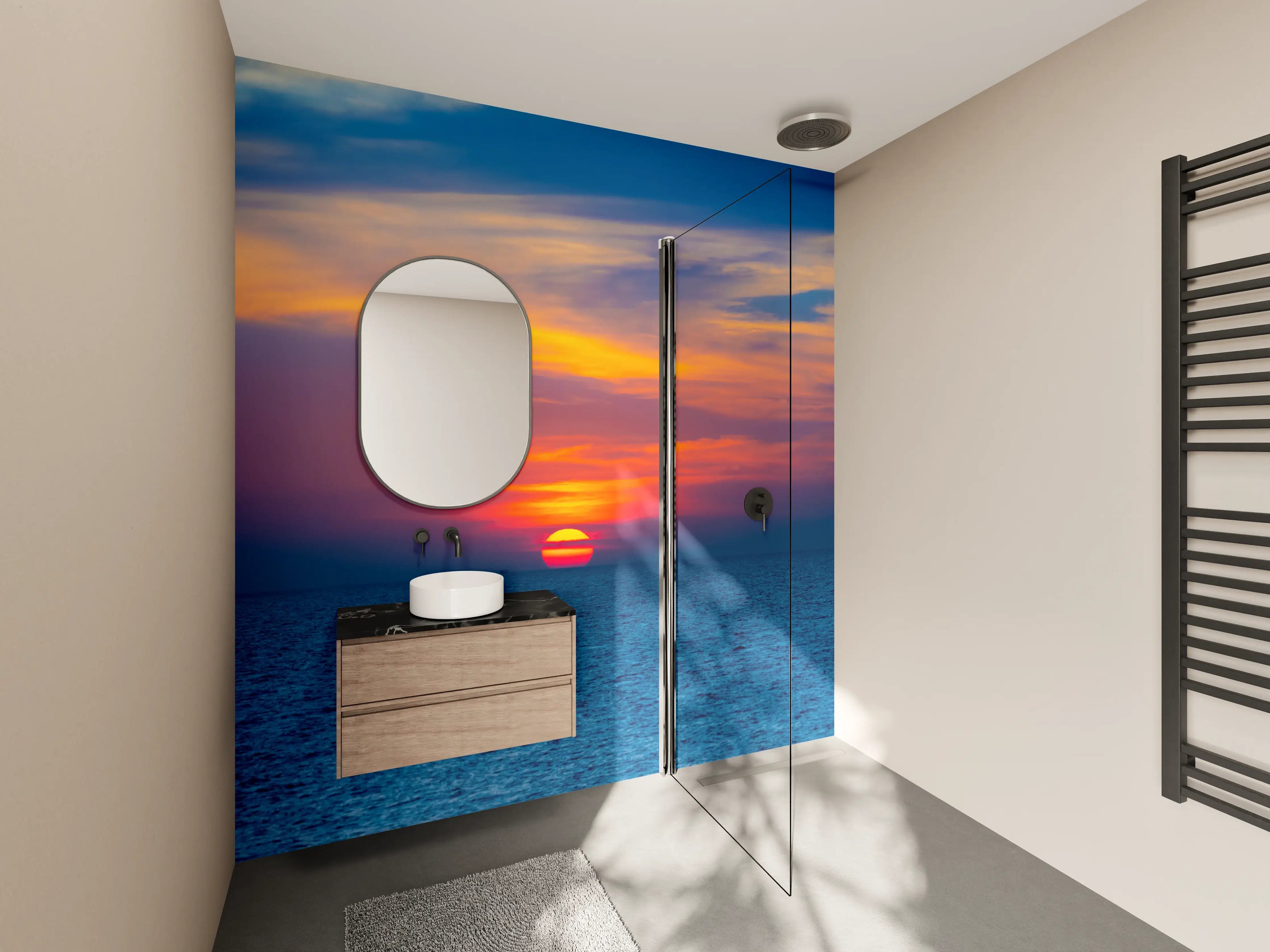 Wandverkleidung Bad - Meer-Sonnenuntergang Blau-Orange
