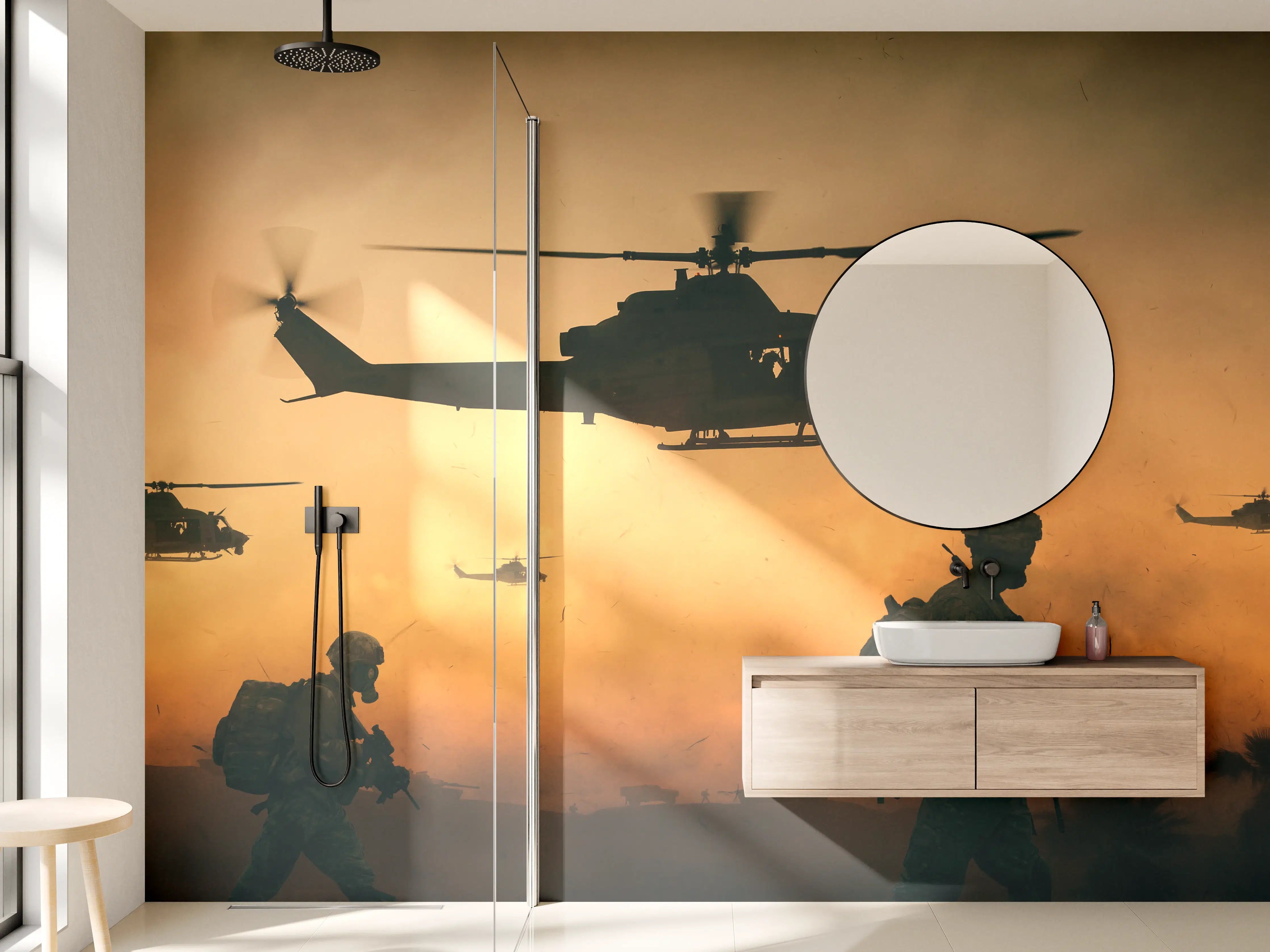 Wandverkleidung Bad - Militär und Hubschrauber auf dem Weg zum Schlachtfeld