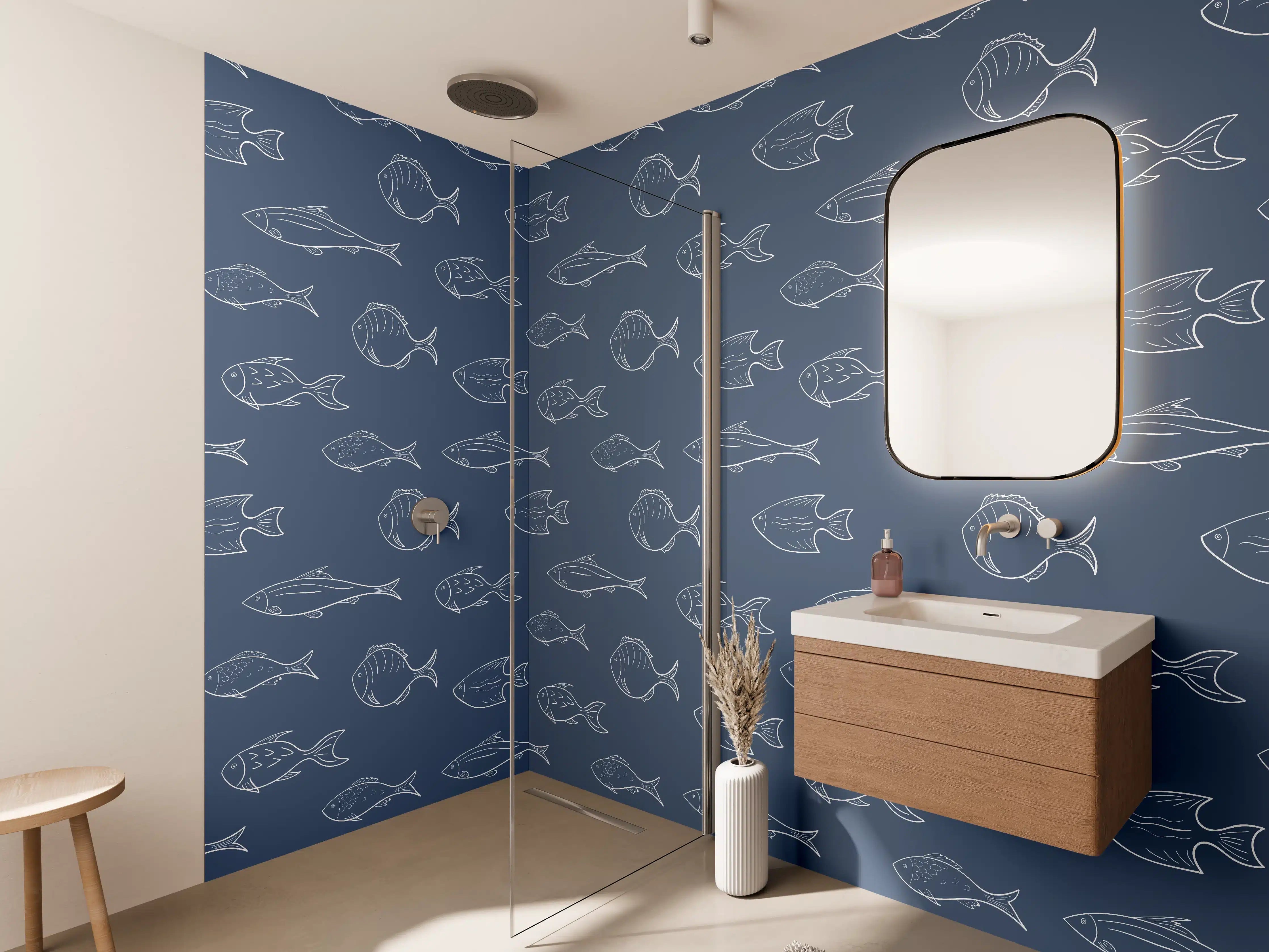 Wandverkleidung Bad - Minimal Fischmuster Blau