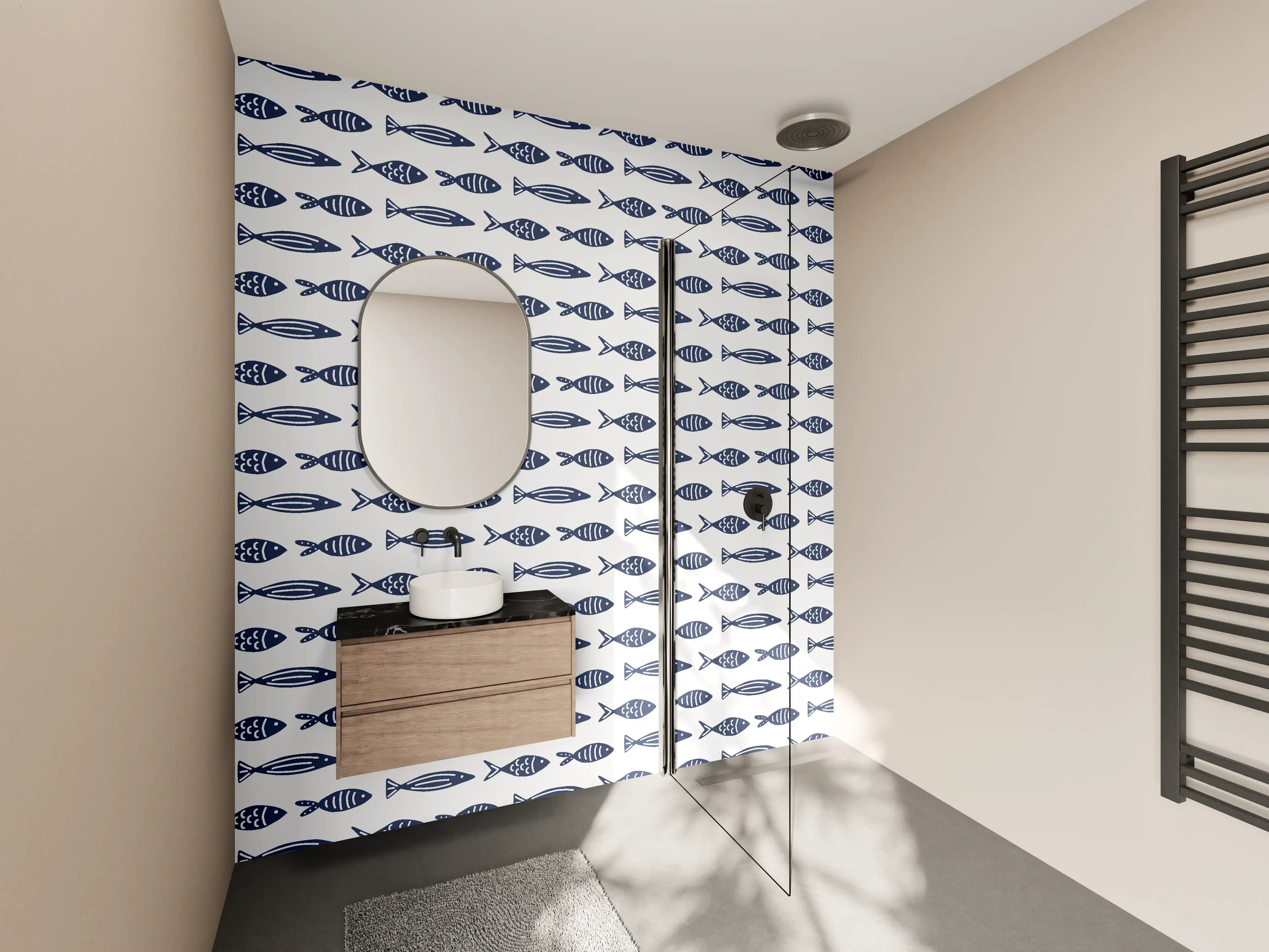 Wandverkleidung Bad - Minimalistische Fische Blau-Weiß