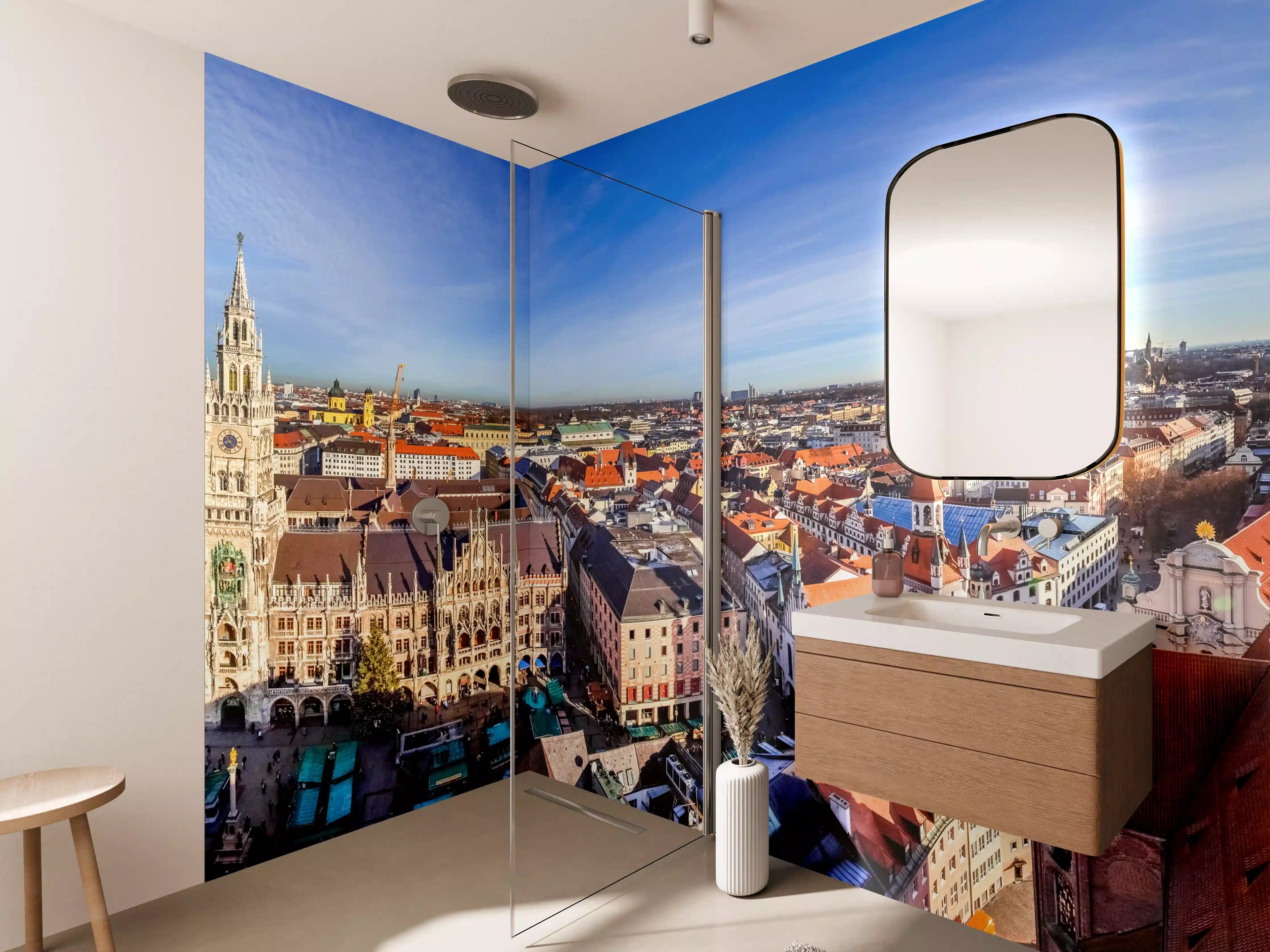 Wandverkleidung Bad - Mittagsausblick über die Stadt München