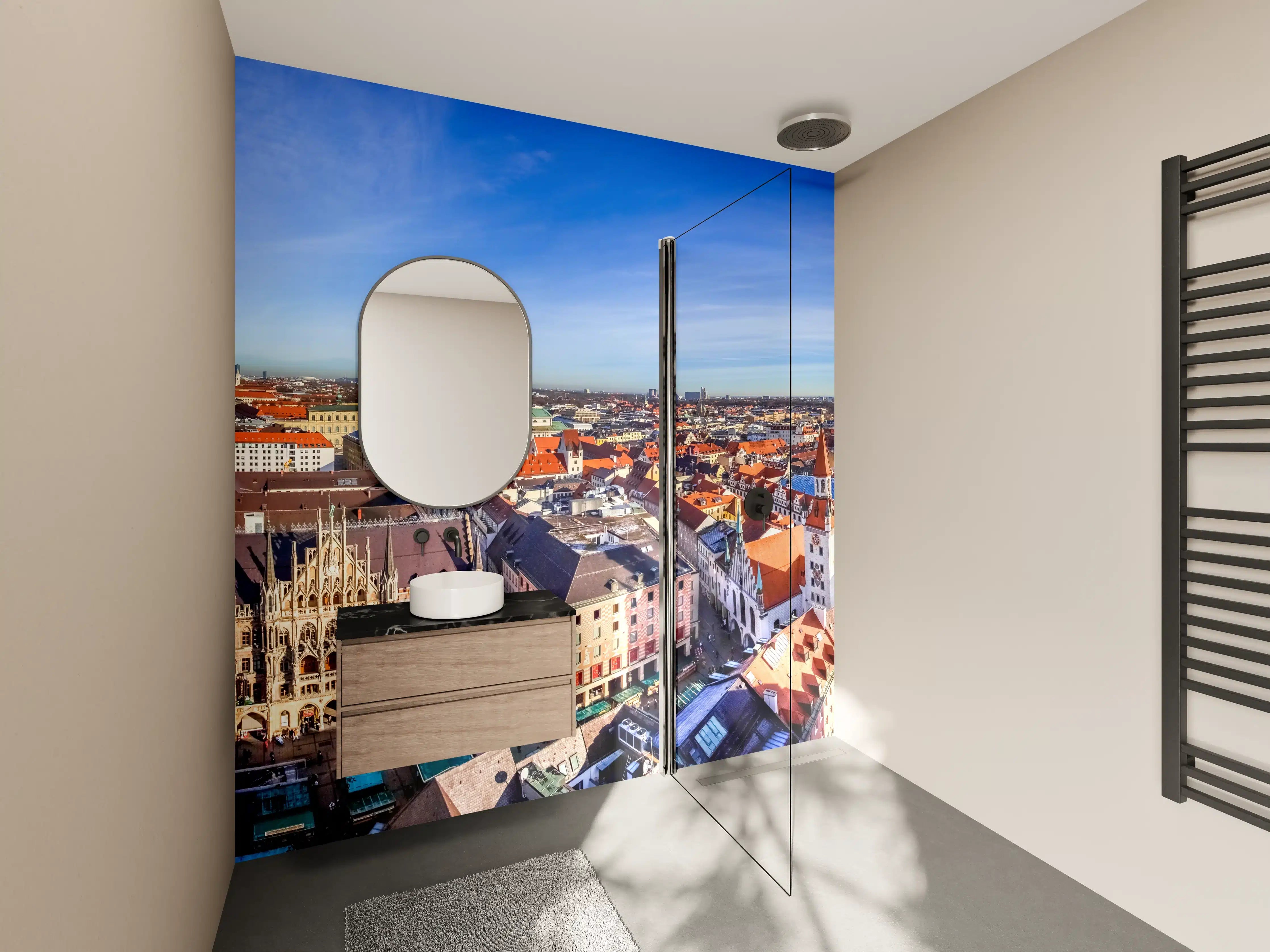 Wandverkleidung Bad - Mittagsausblick über die Stadt München