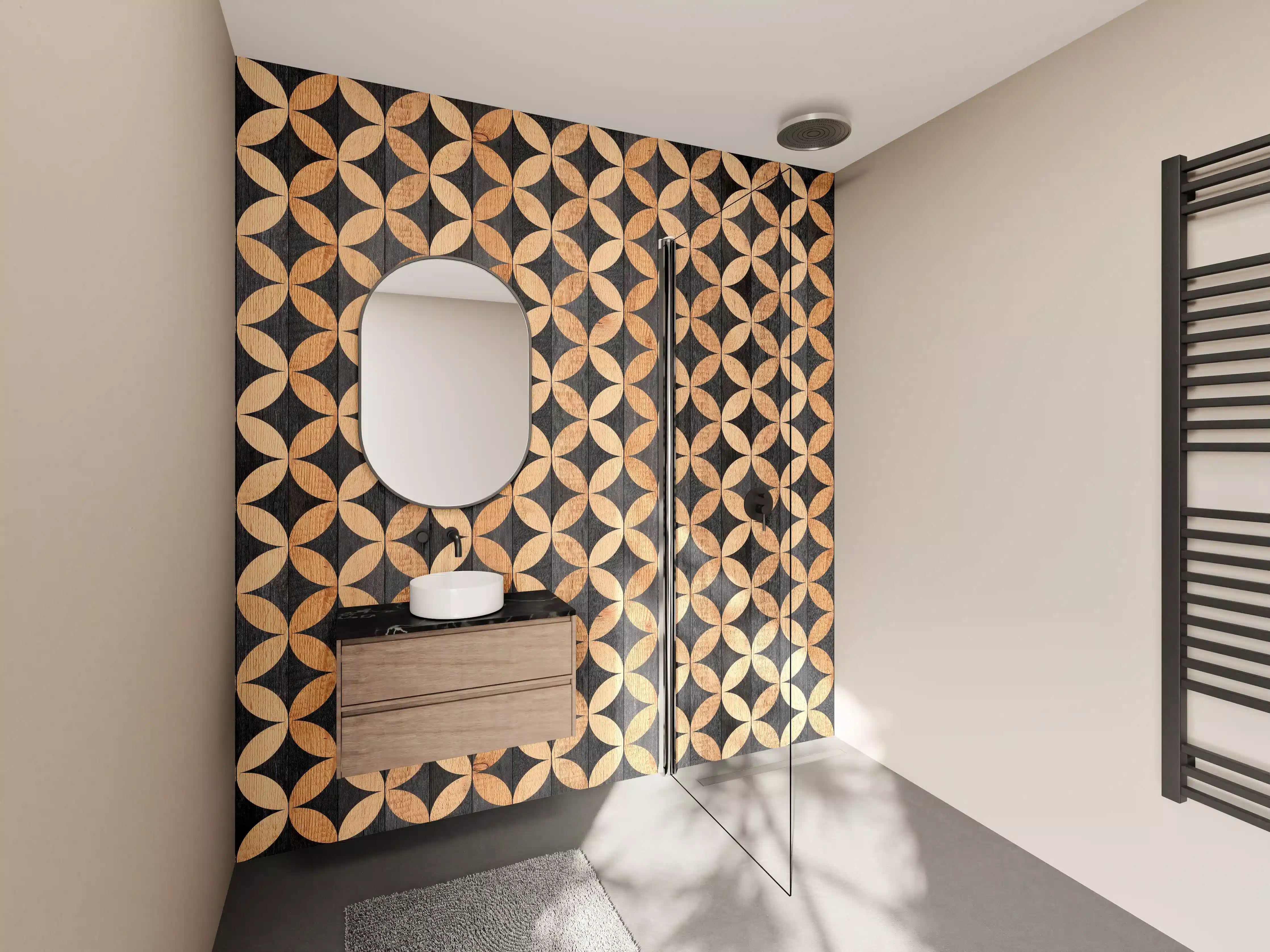 Wandverkleidung Bad - Moderne Holz-Musterfliese mit dunklem Hintergrund