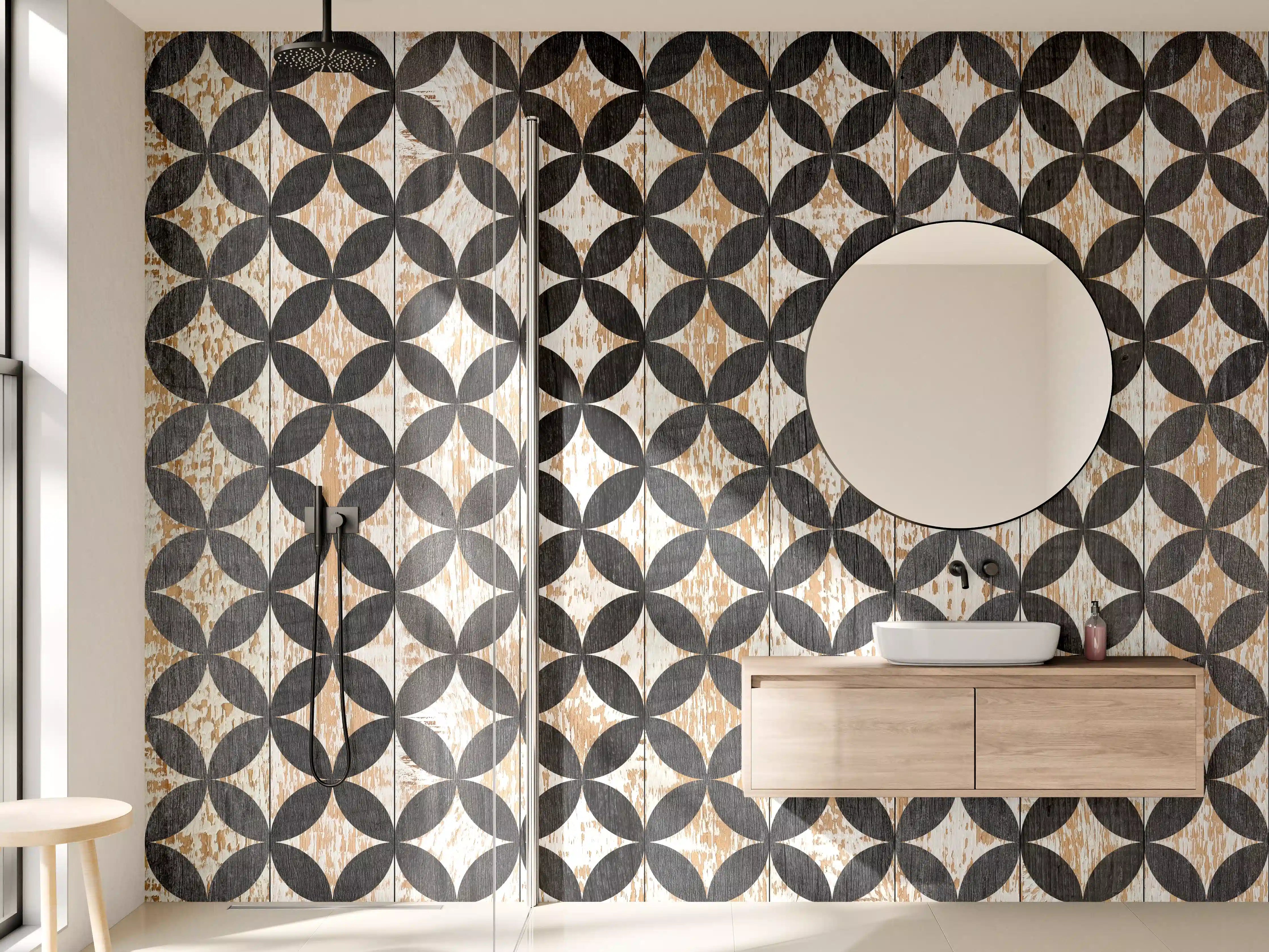 Wandverkleidung Bad - Moderne Holzfliese mit geometrischem Muster