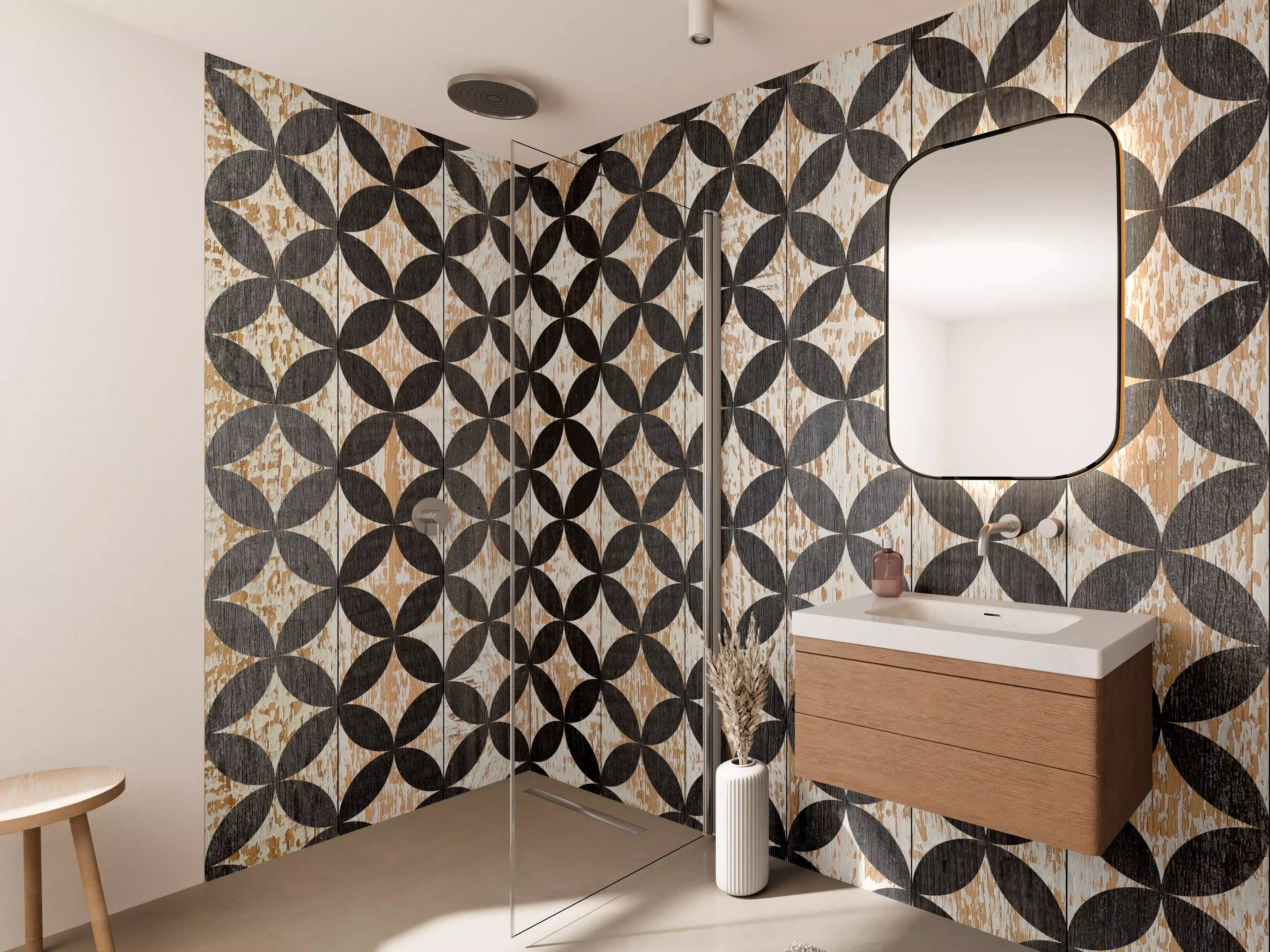 Wandverkleidung Bad - Moderne Holzfliese mit geometrischem Muster