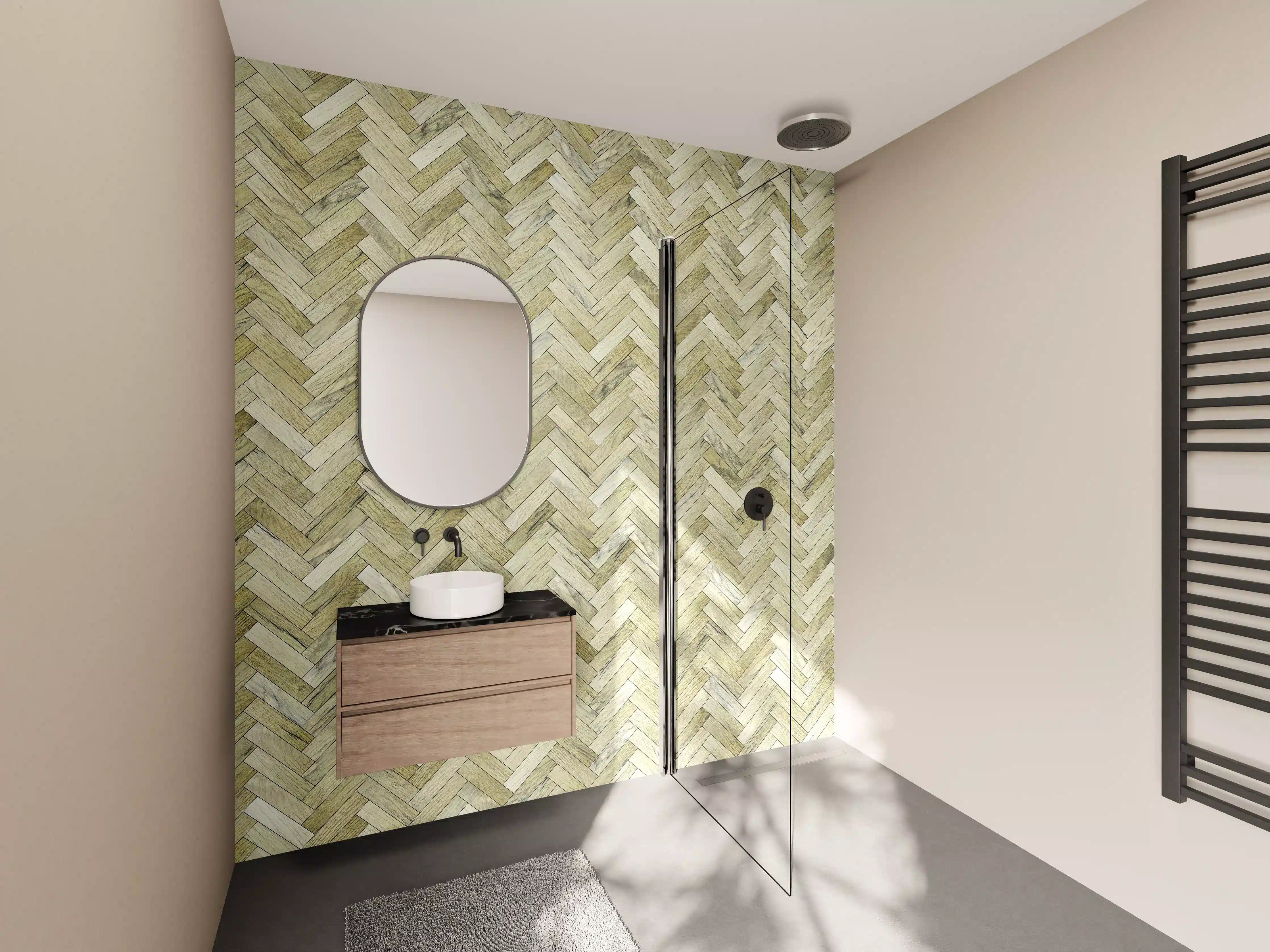 Wandverkleidung Bad - Moderne Holzparkett-Fliese in Herringbone-Muster