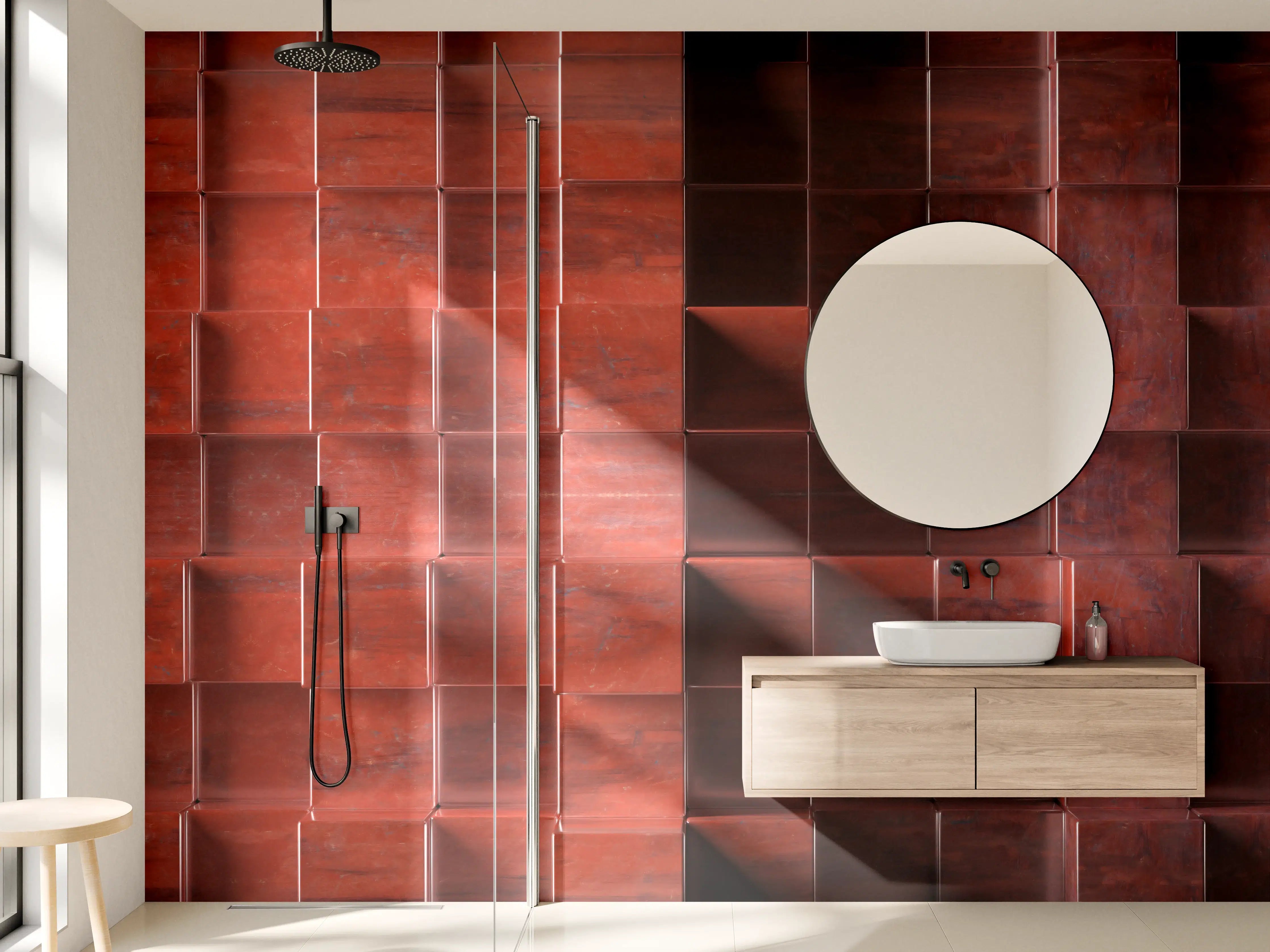 Wandverkleidung Bad - Moderne Holzstruktur mit warmen Rot- und Brauntönen