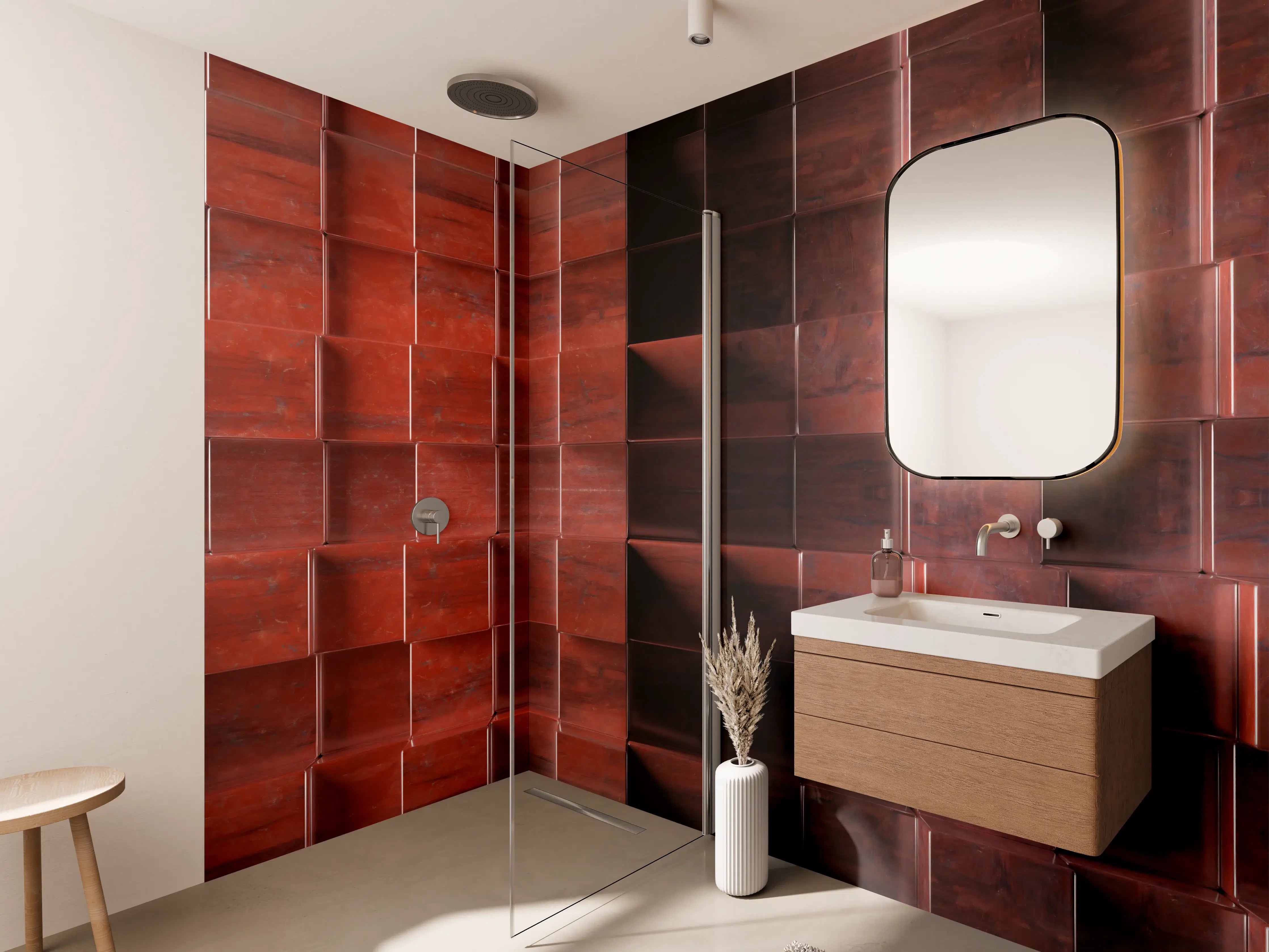 Wandverkleidung Bad - Moderne Holzstruktur mit warmen Rot- und Brauntönen