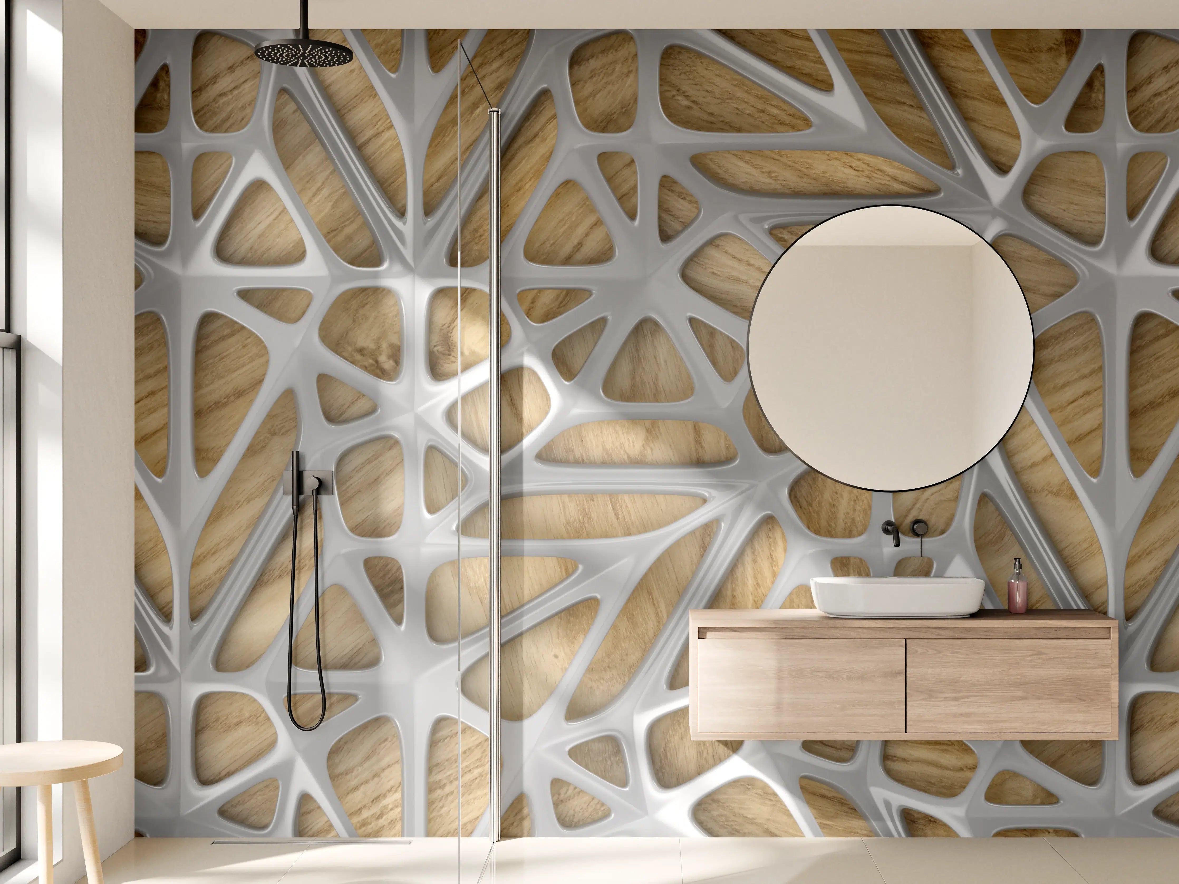 Wandverkleidung Bad - Moderne Holzwand mit filigranem Grau-Design