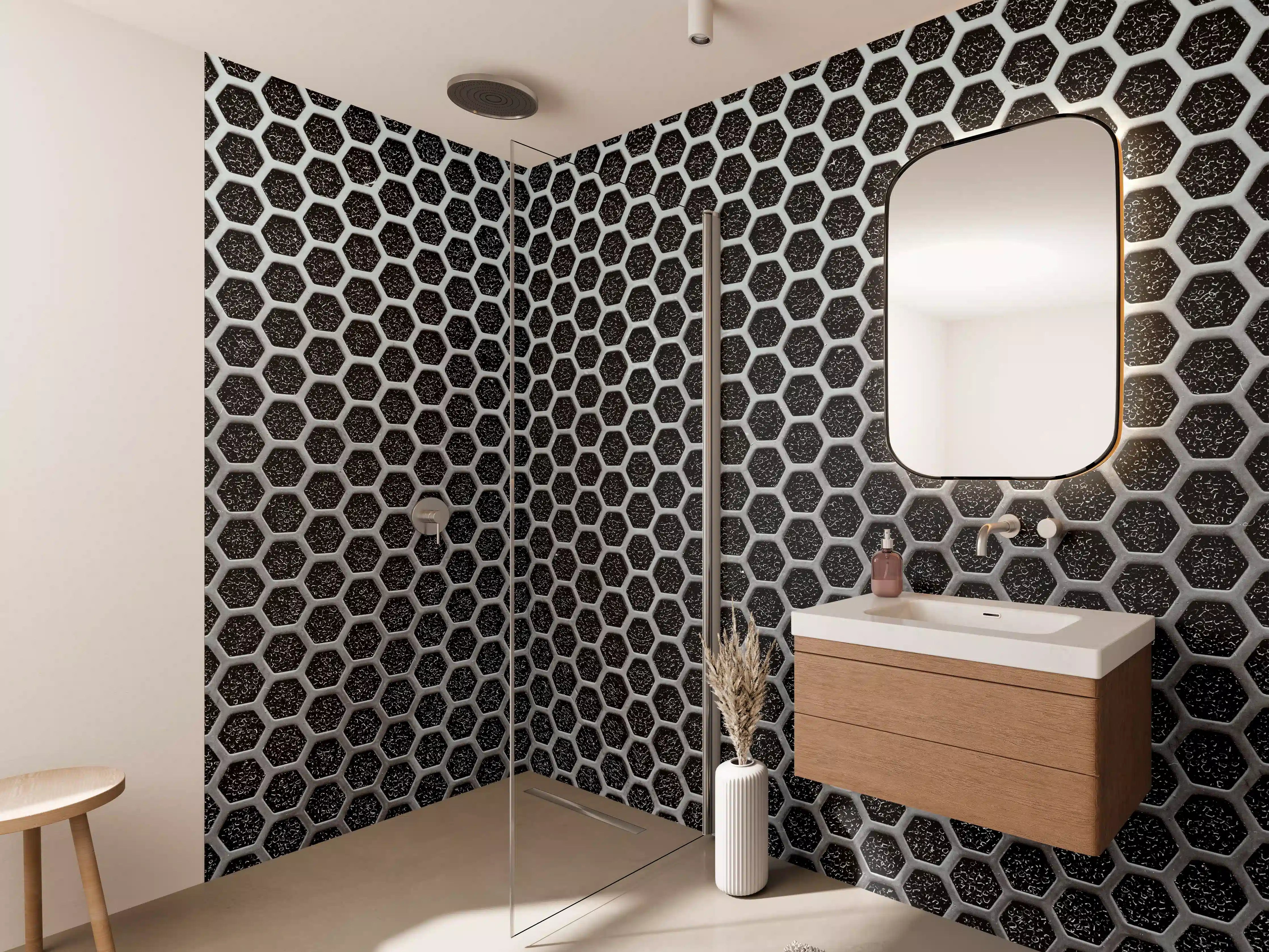 Wandverkleidung Bad - Moderne Metallgitterstruktur in Schwarz
