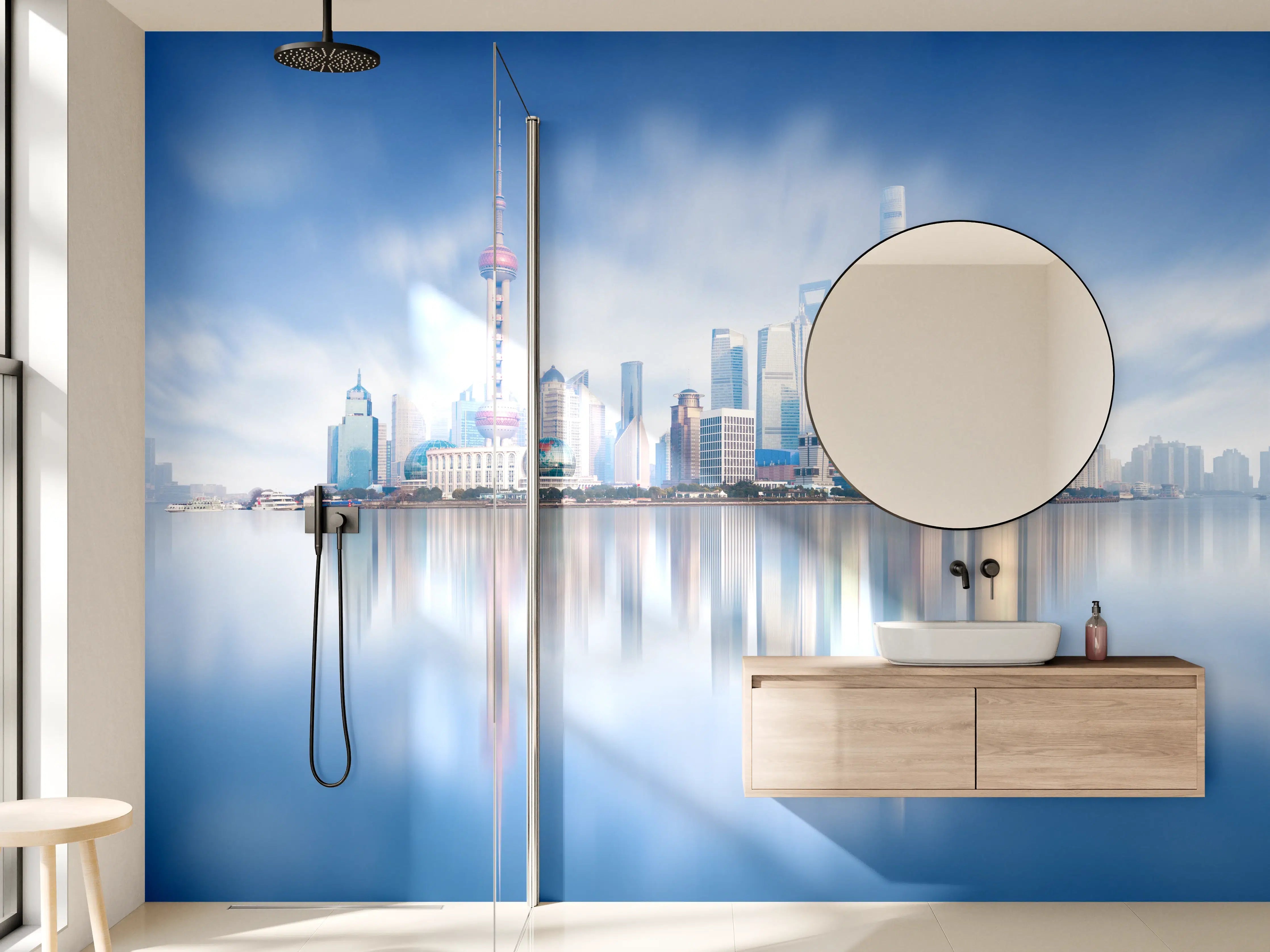 Wandverkleidung Bad - Moderne Skyline in Himmelblau