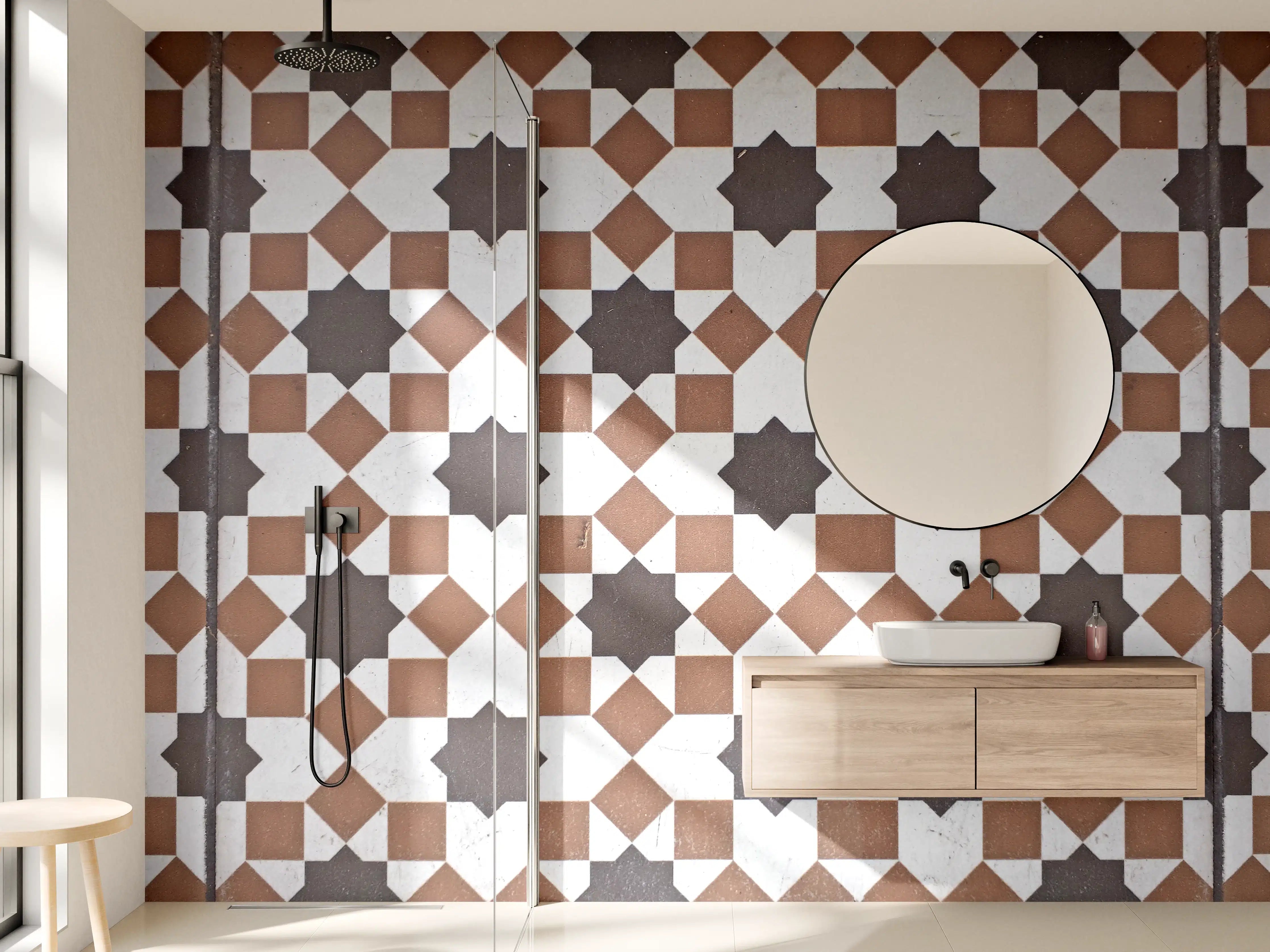 Wandverkleidung Bad - Moderne geometrische Fliesenmuster in Braun und Weiß