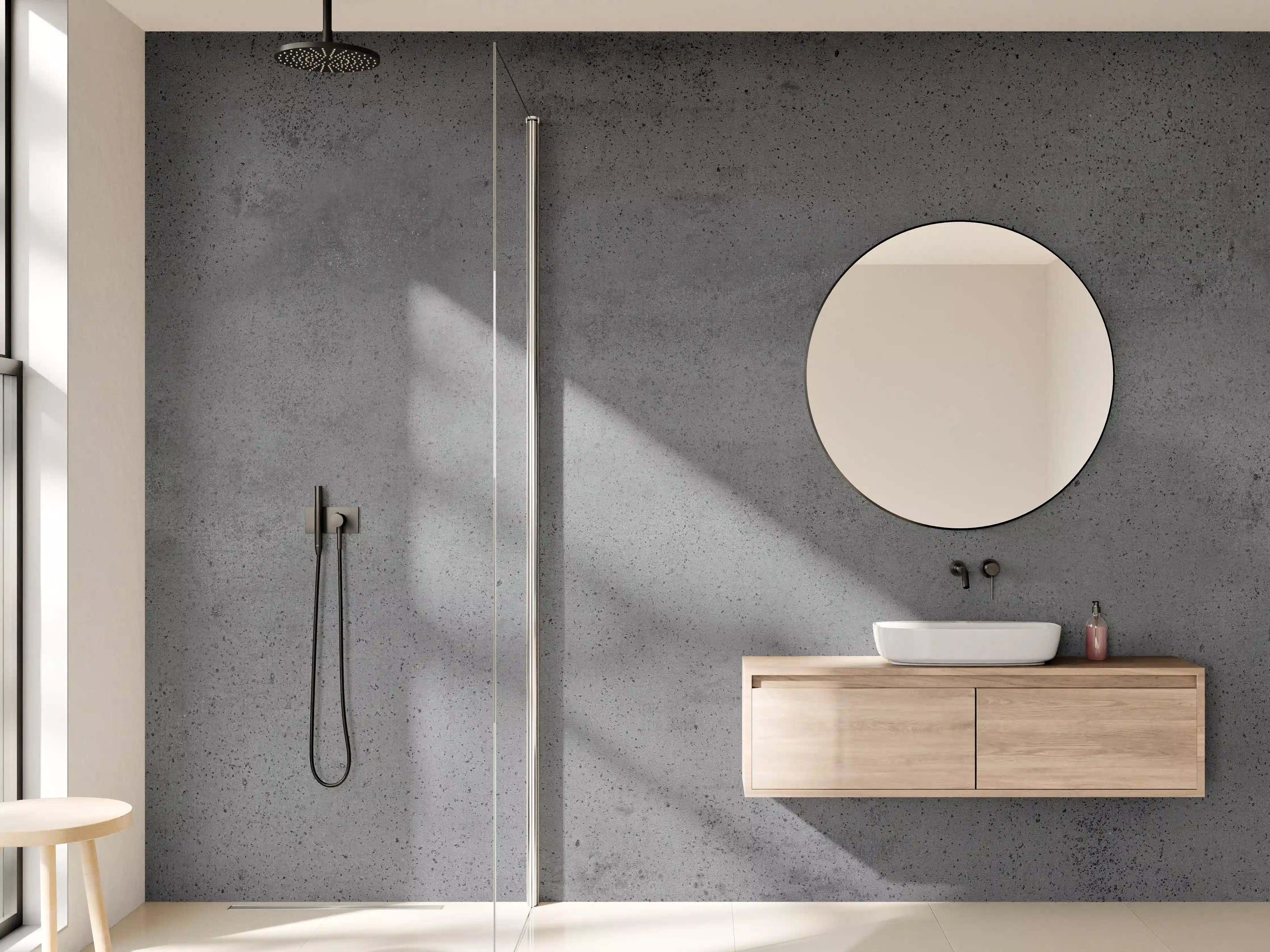 Wandverkleidung Bad - Moderne graue Betonwand mit strukturierter Oberfläche.