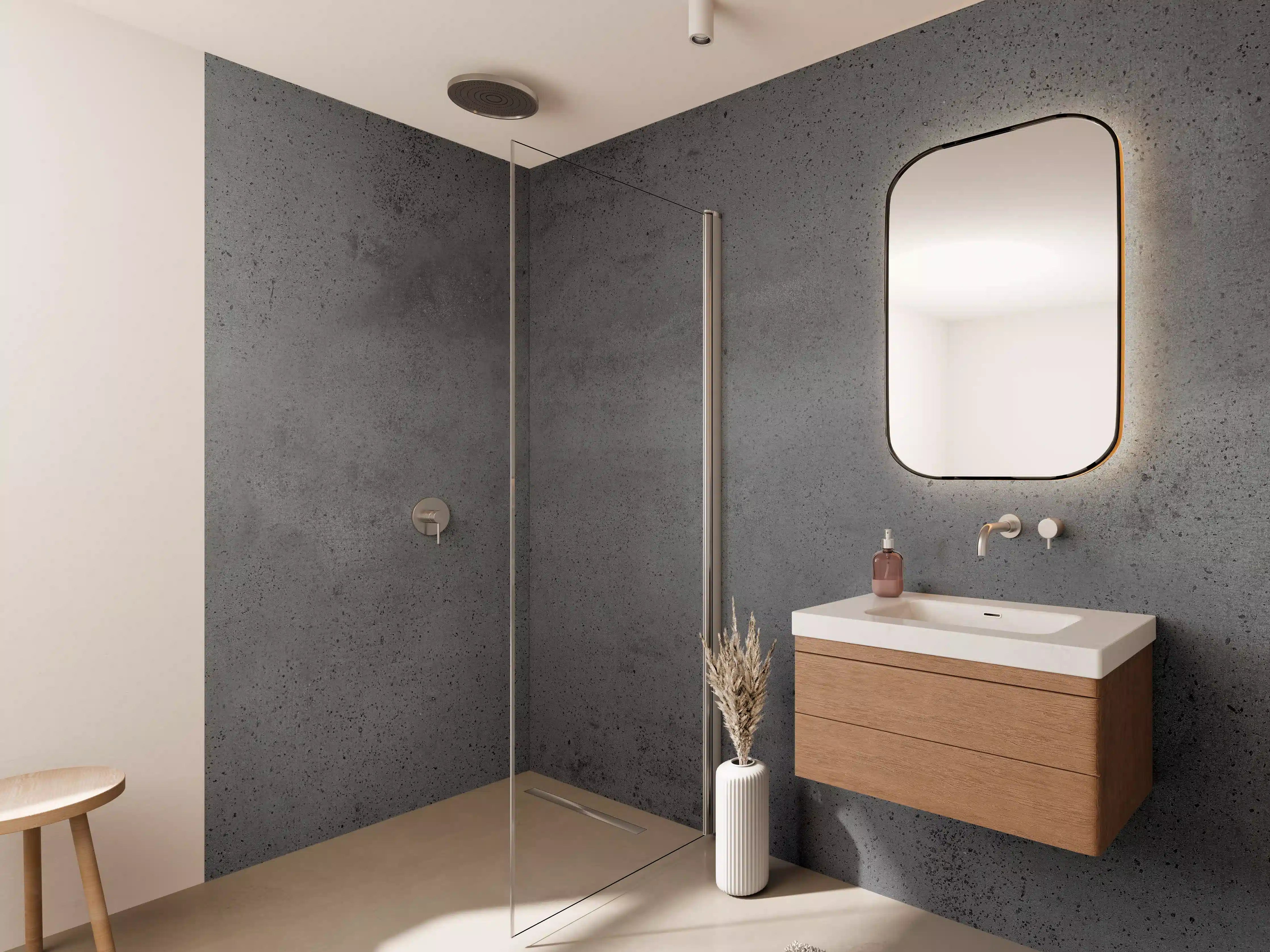 Wandverkleidung Bad - Moderne graue Betonwand mit strukturierter Oberfläche.