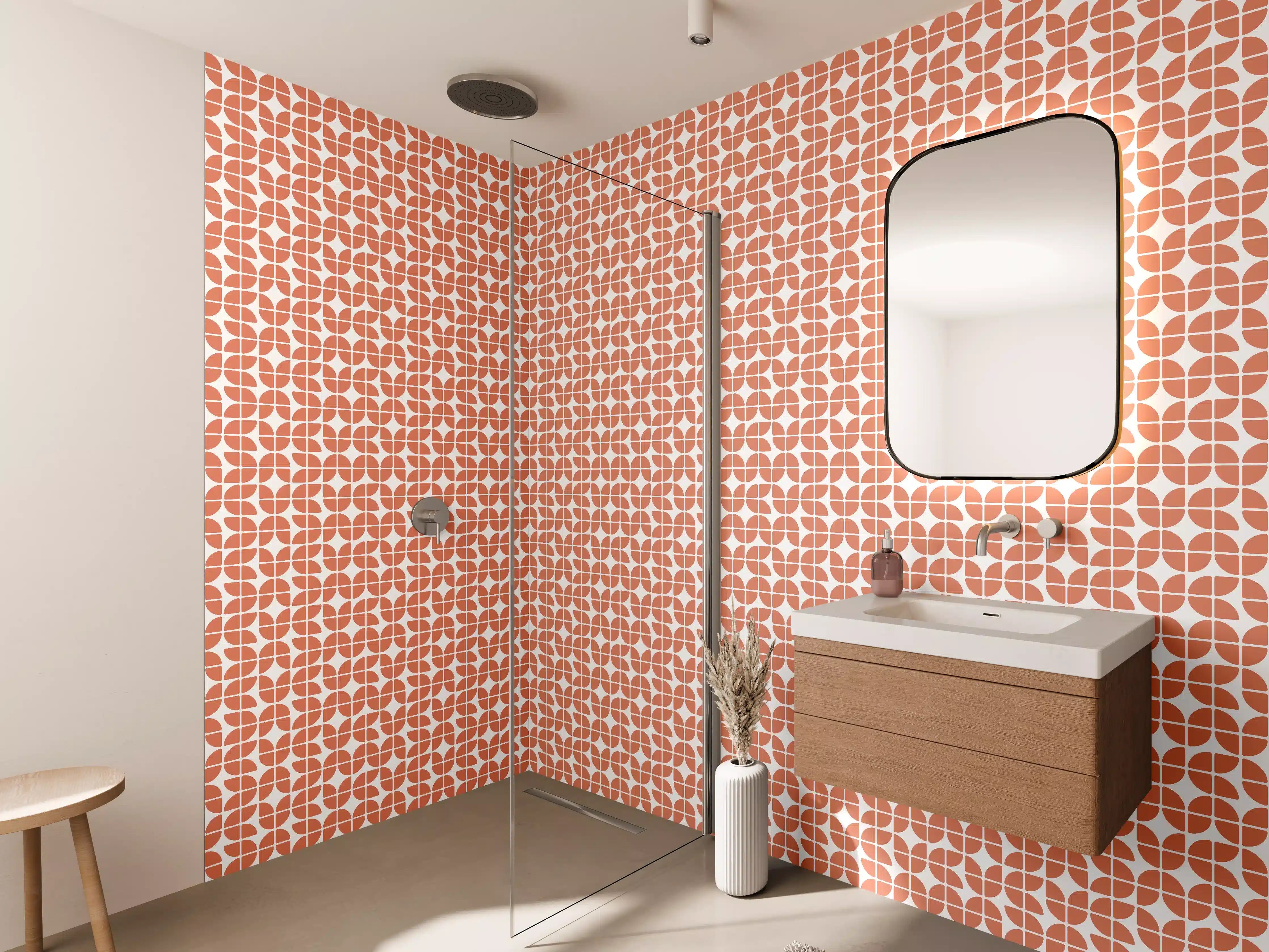 Wandverkleidung Bad - Moderne, geometrische Fliesenmuster in warmen Terrakottatönen