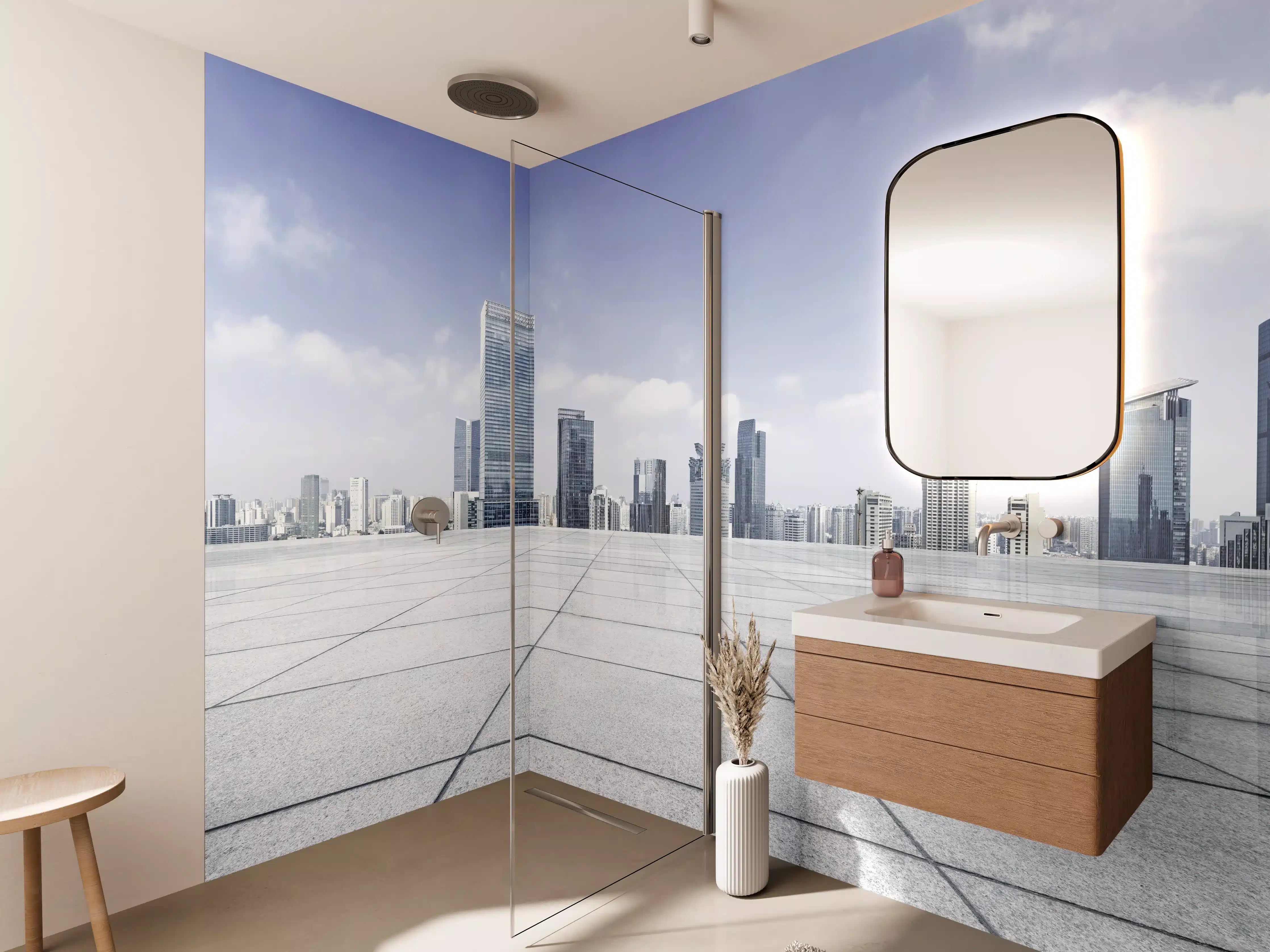 Wandverkleidung Bad - Moderner Skyline und Gebäuden