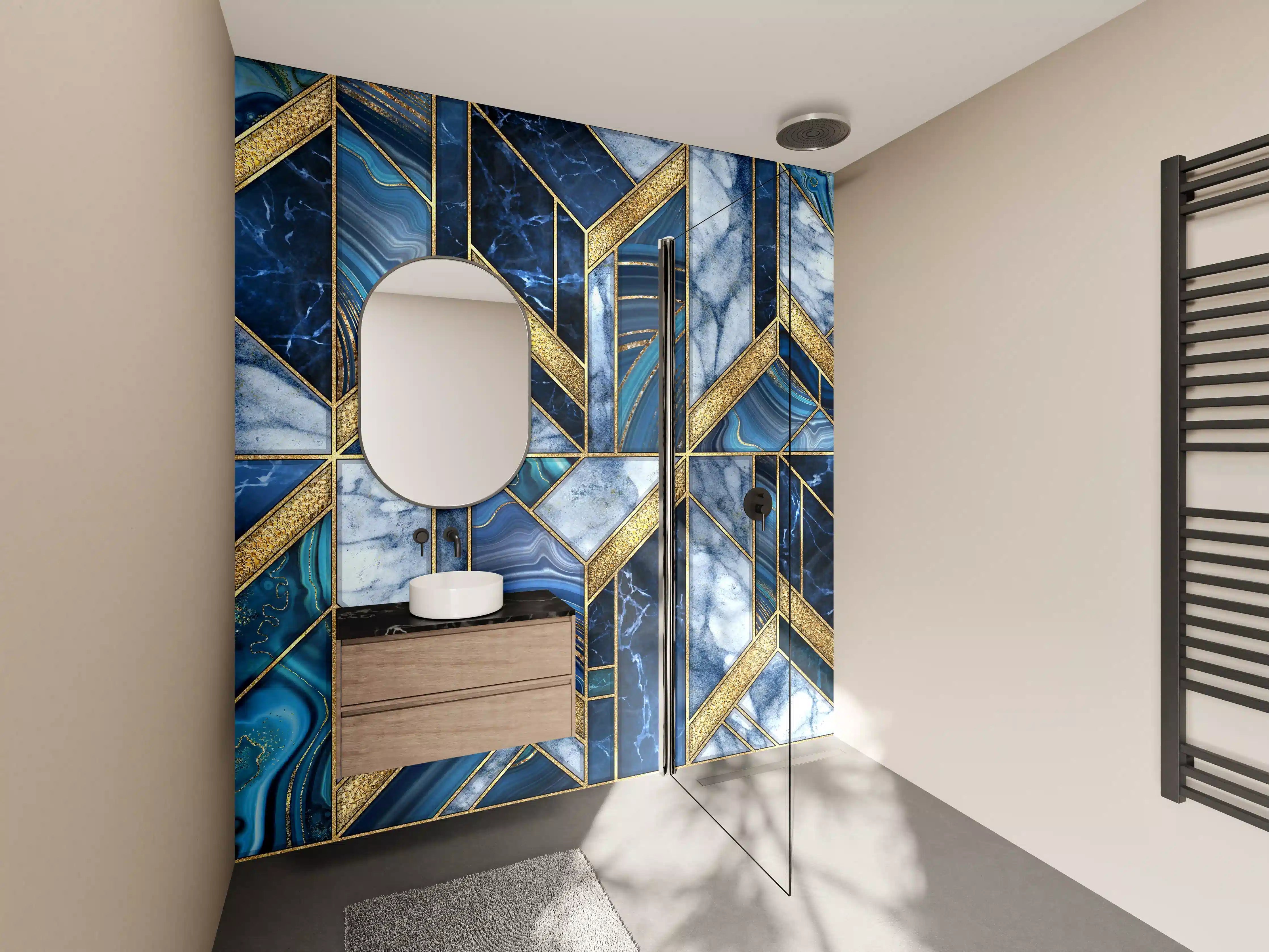 Wandverkleidung Bad - Modernes Blau-Gold Mosaik