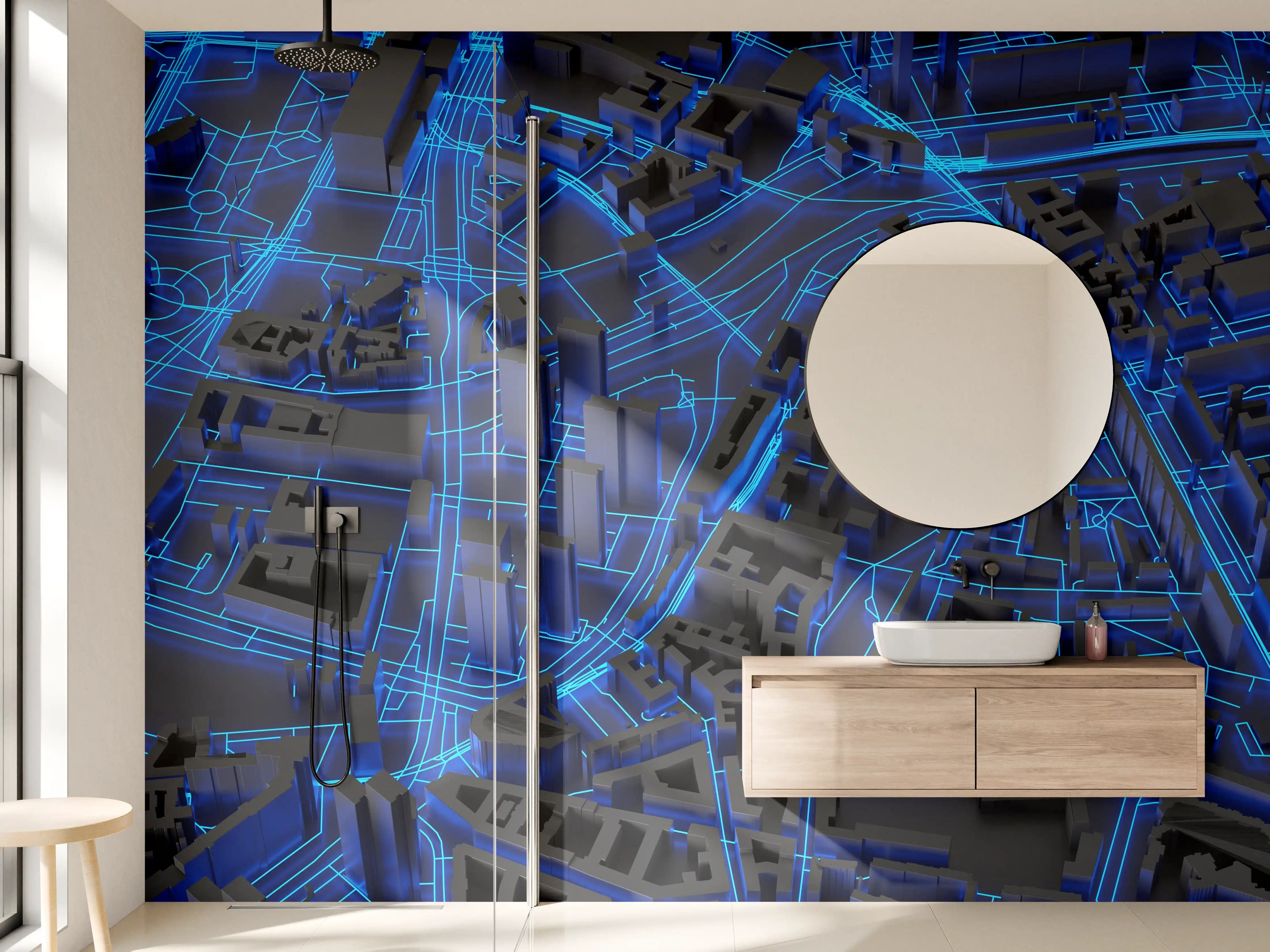 Wandverkleidung Bad - Modernes Stadtbild in blauer Neon-Optik