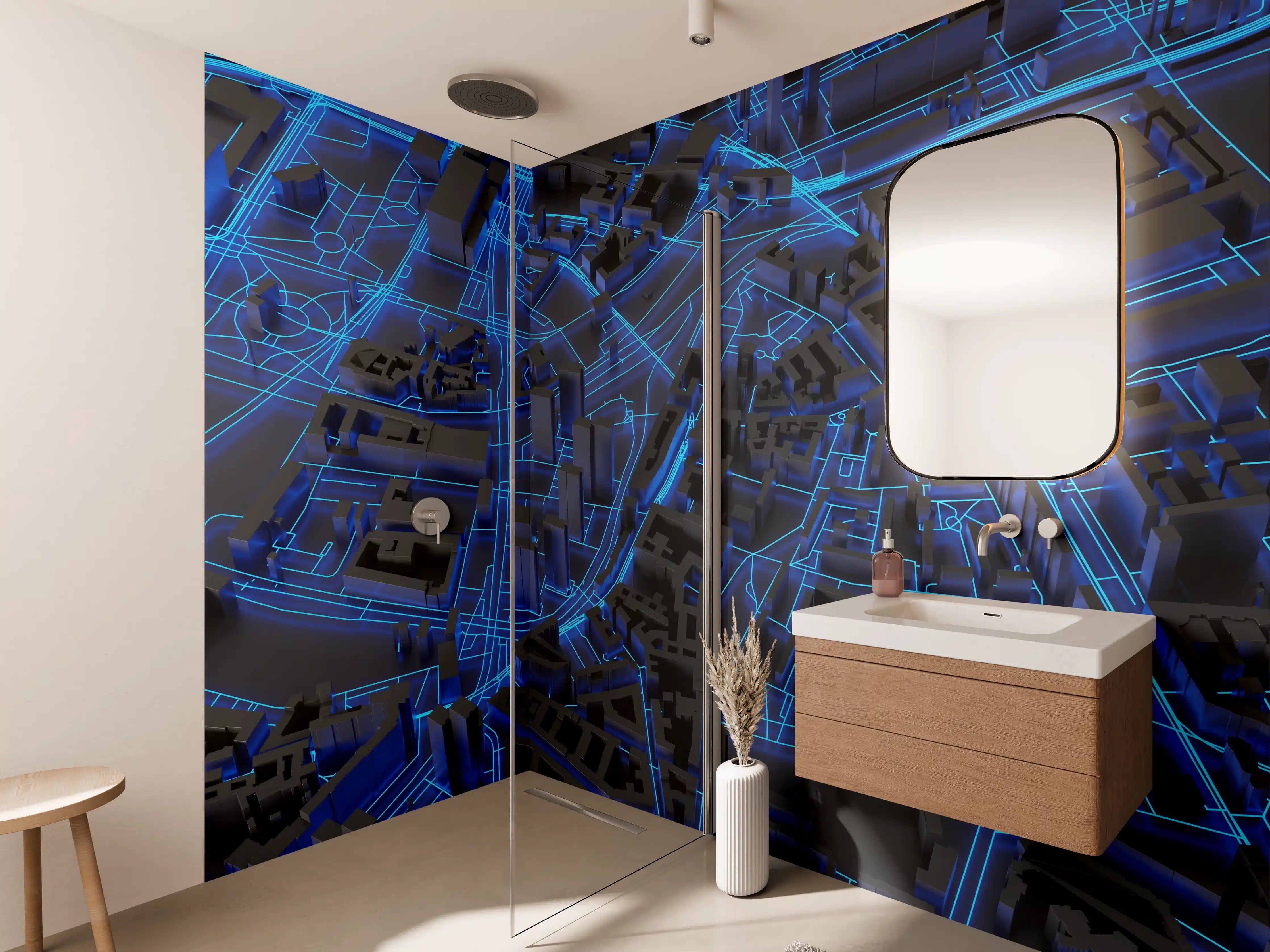 Wandverkleidung Bad - Modernes Stadtbild in blauer Neon-Optik