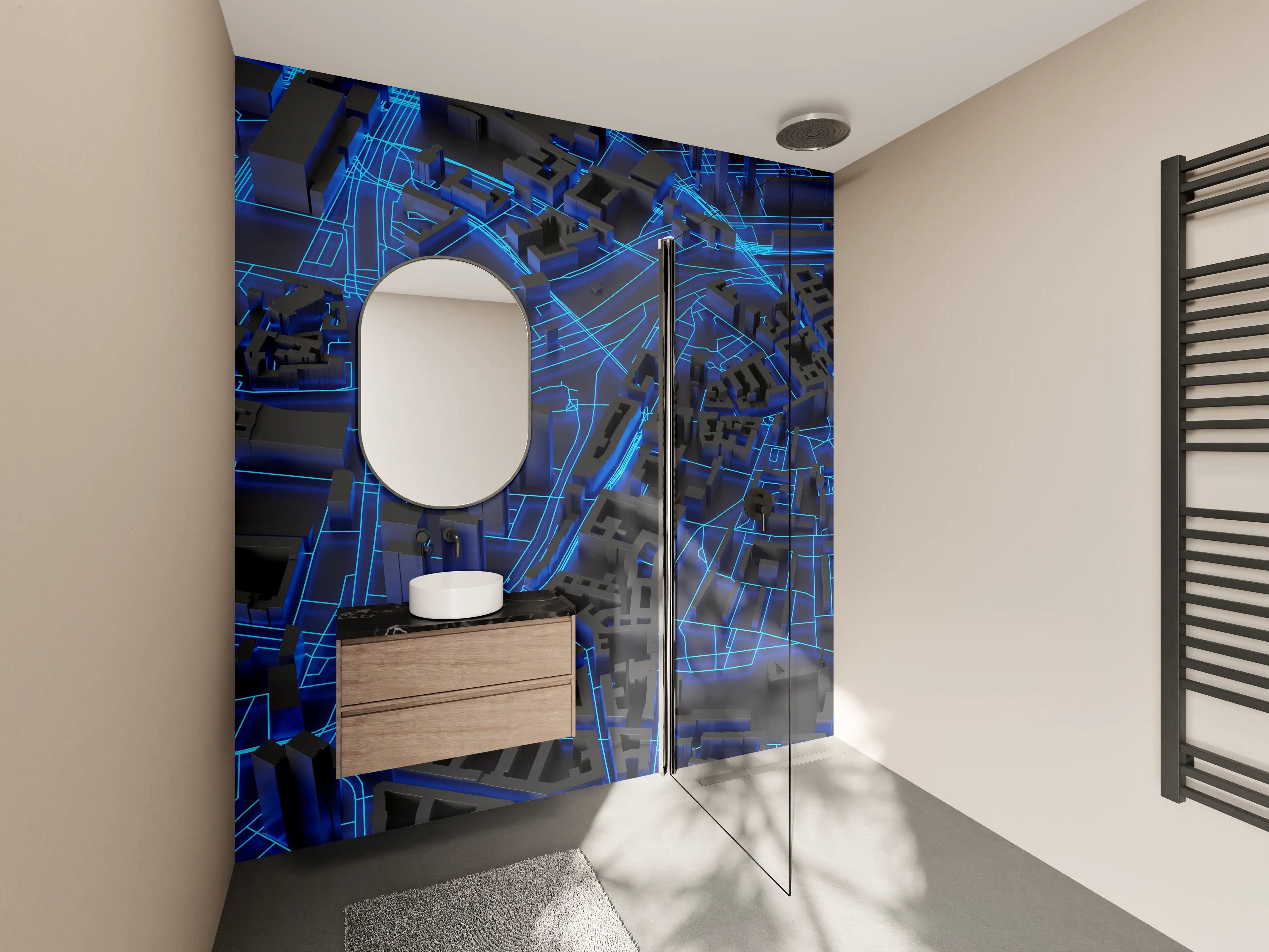 Wandverkleidung Bad - Modernes Stadtbild in blauer Neon-Optik