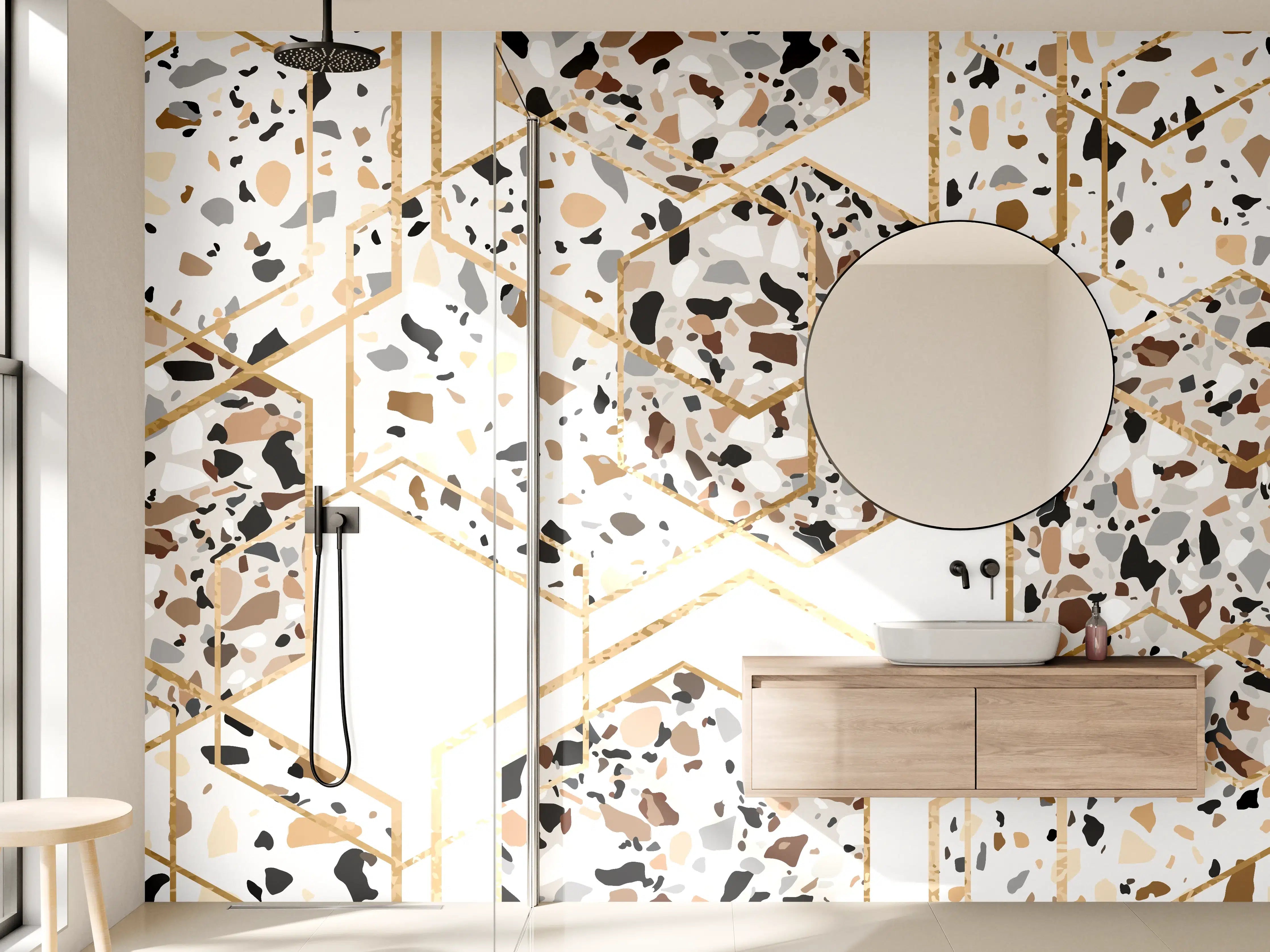 Wandverkleidung Bad - Modernes Terrazzo-Gold-Muster