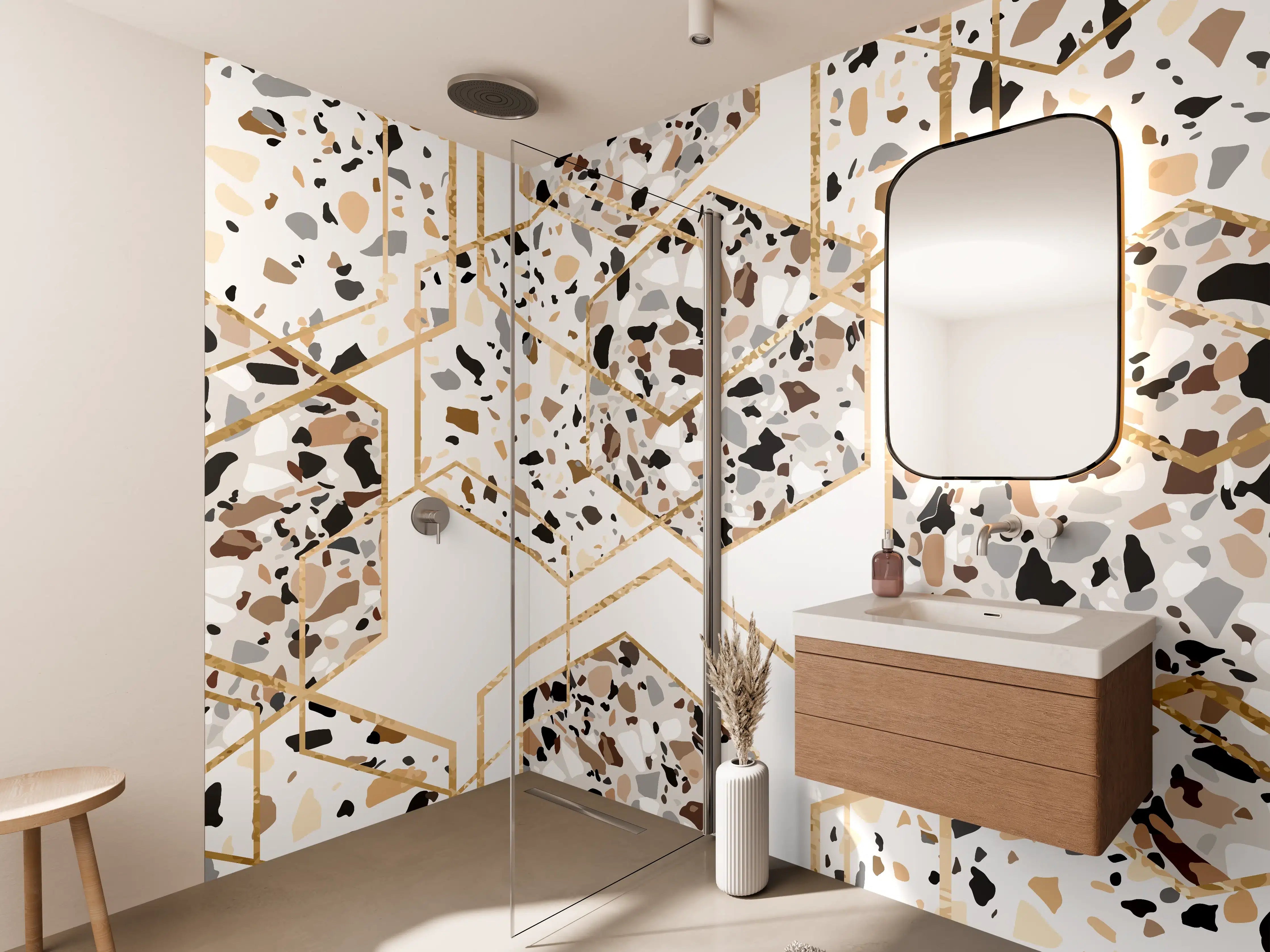 Wandverkleidung Bad - Modernes Terrazzo-Gold-Muster