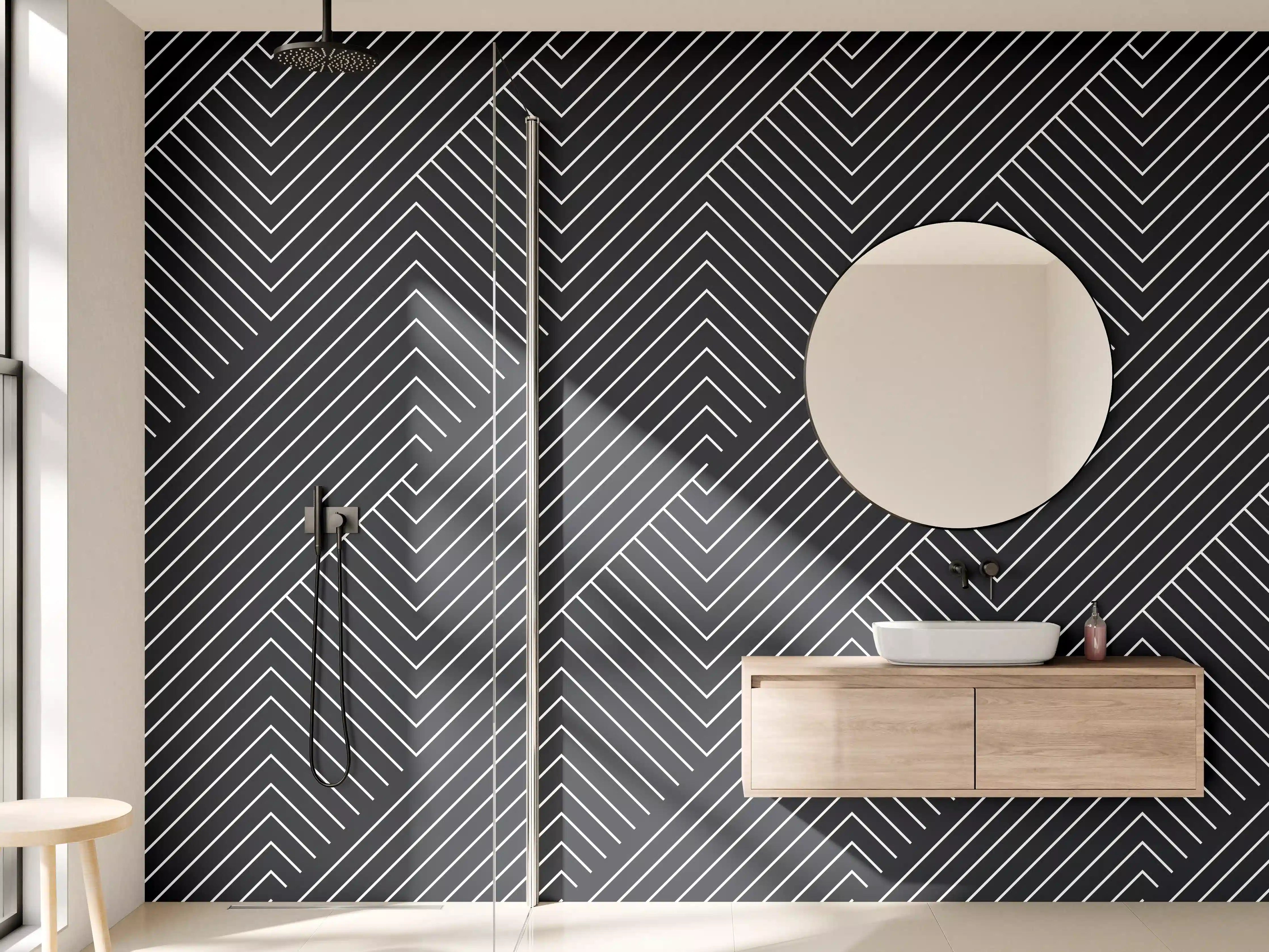 Wandverkleidung Bad - Modernes geometrisches Linienmuster in Schwarz-Weiß