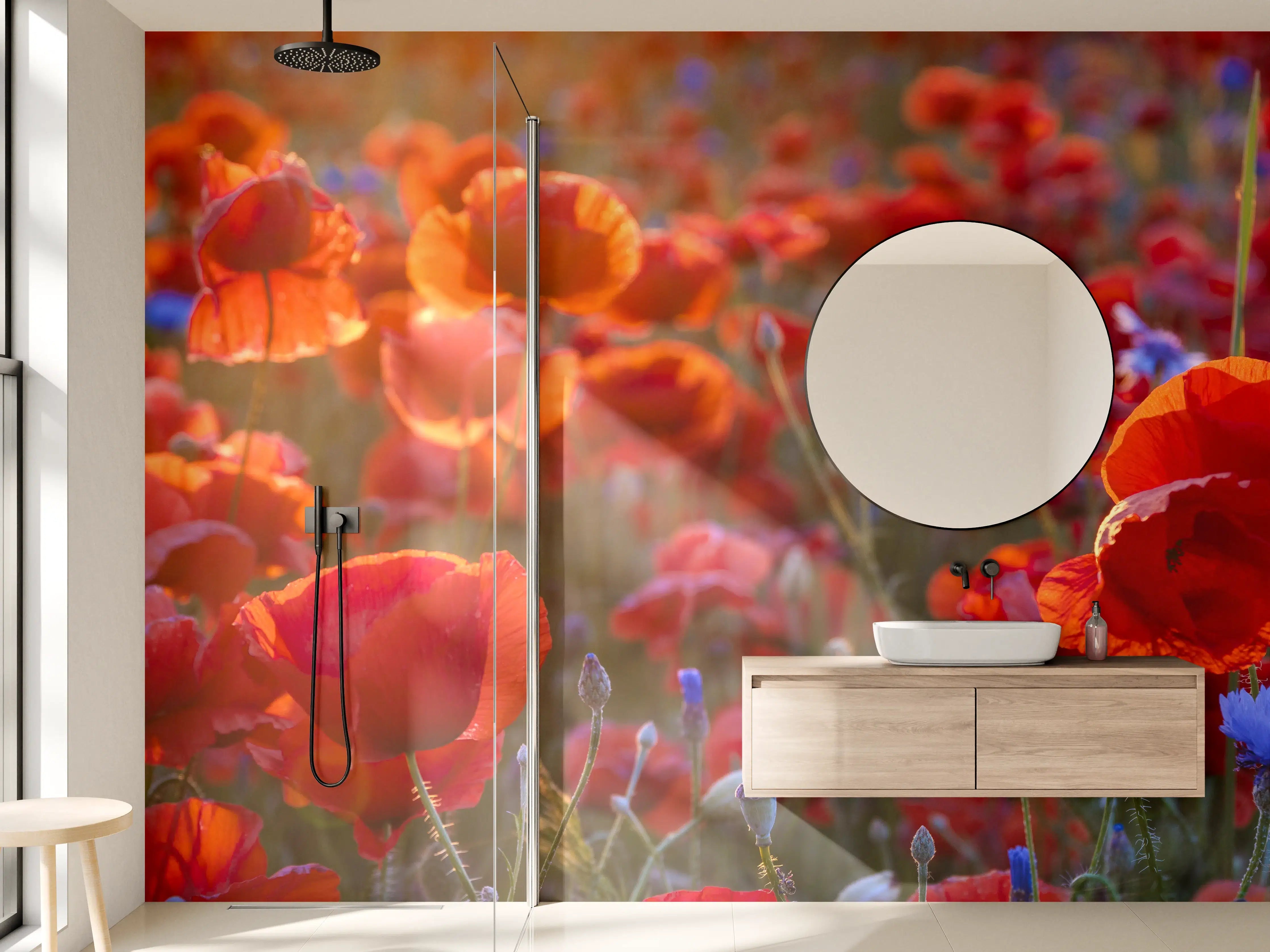 Wandverkleidung Bad - Mohnwiese im Licht der untergehenden Sonne