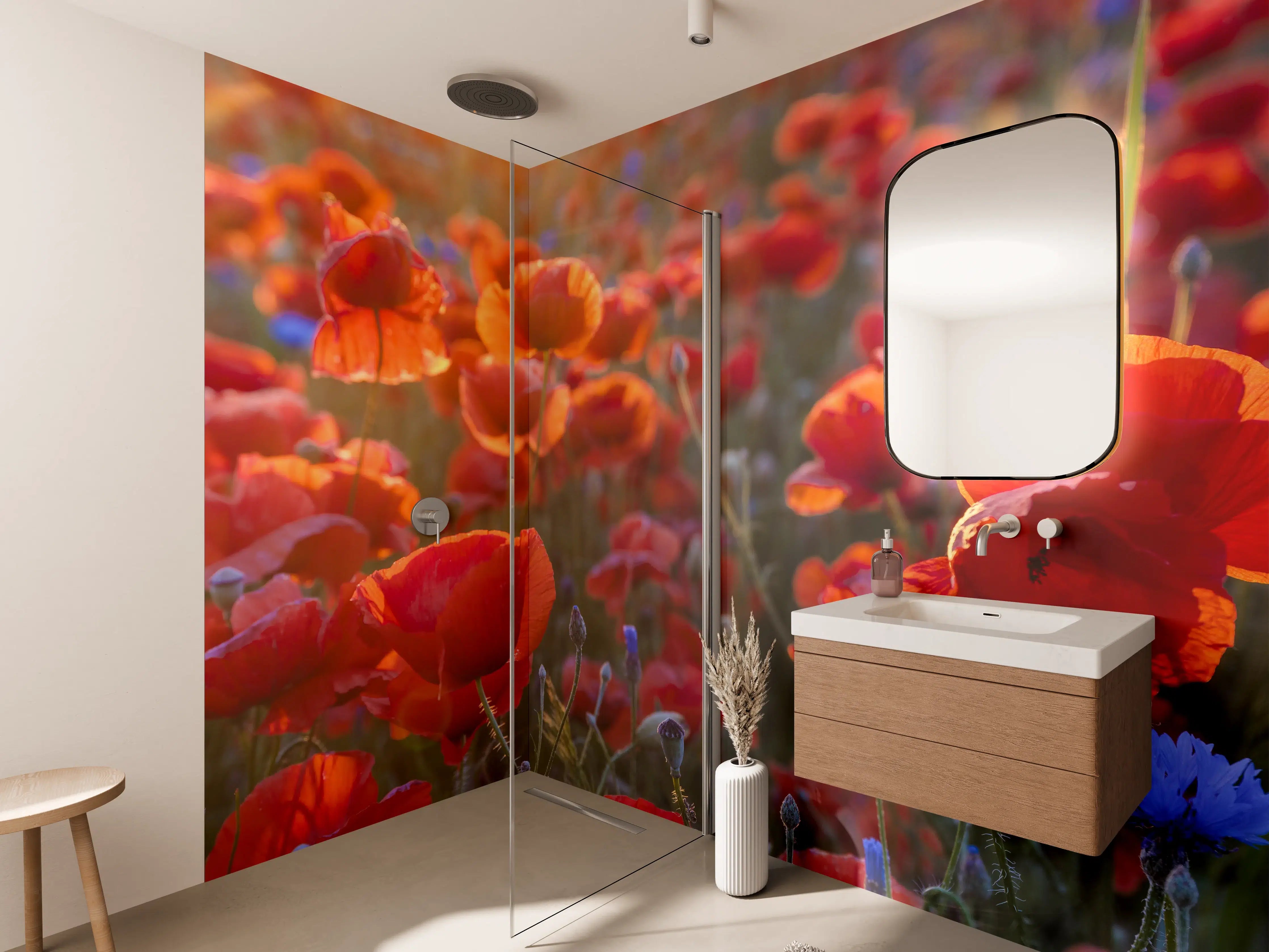 Wandverkleidung Bad - Mohnwiese im Licht der untergehenden Sonne