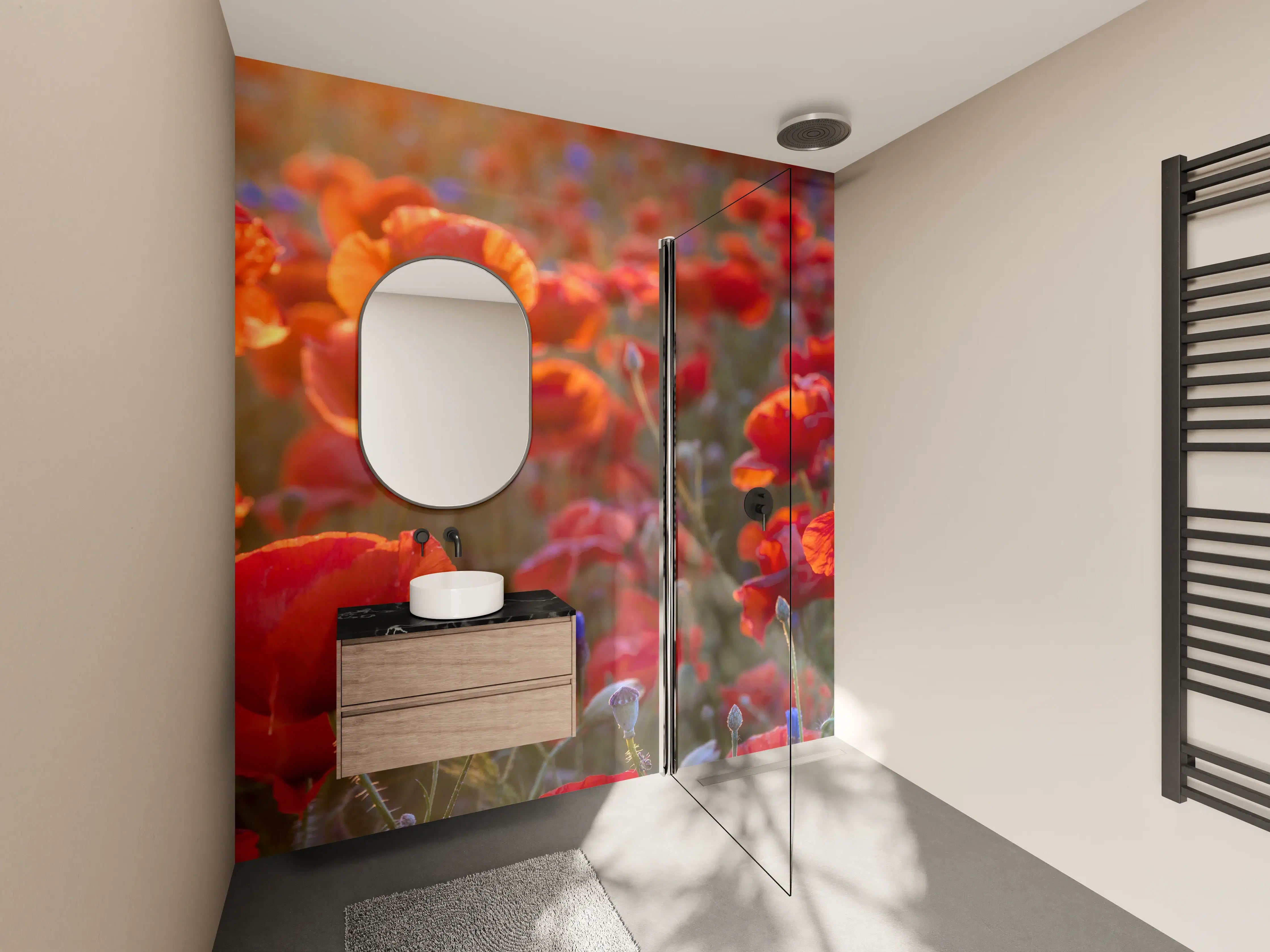 Wandverkleidung Bad - Mohnwiese im Licht der untergehenden Sonne