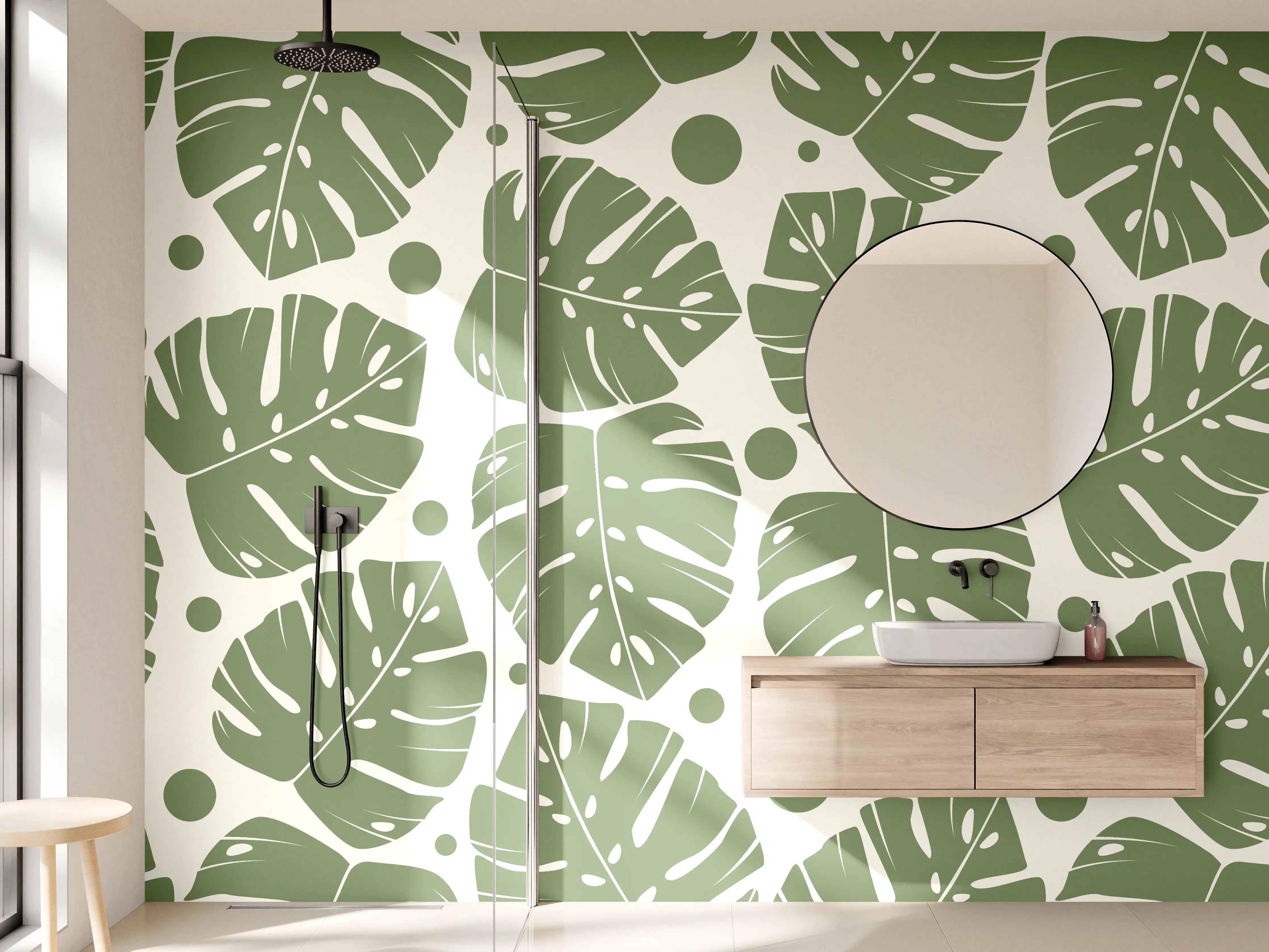 Wandverkleidung Bad - Monstera-Blätter Cremegrün
