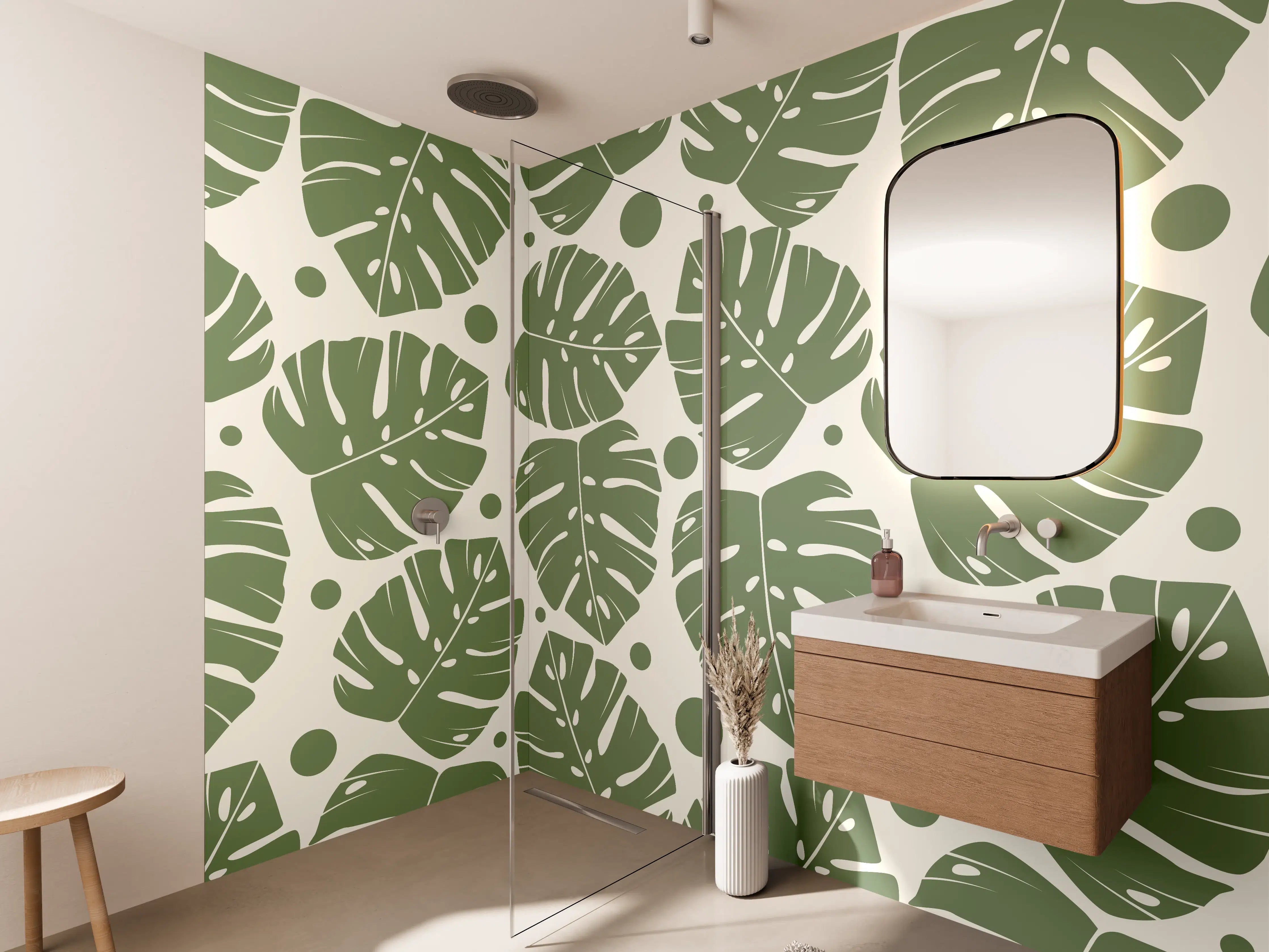 Wandverkleidung Bad - Monstera-Blätter Cremegrün