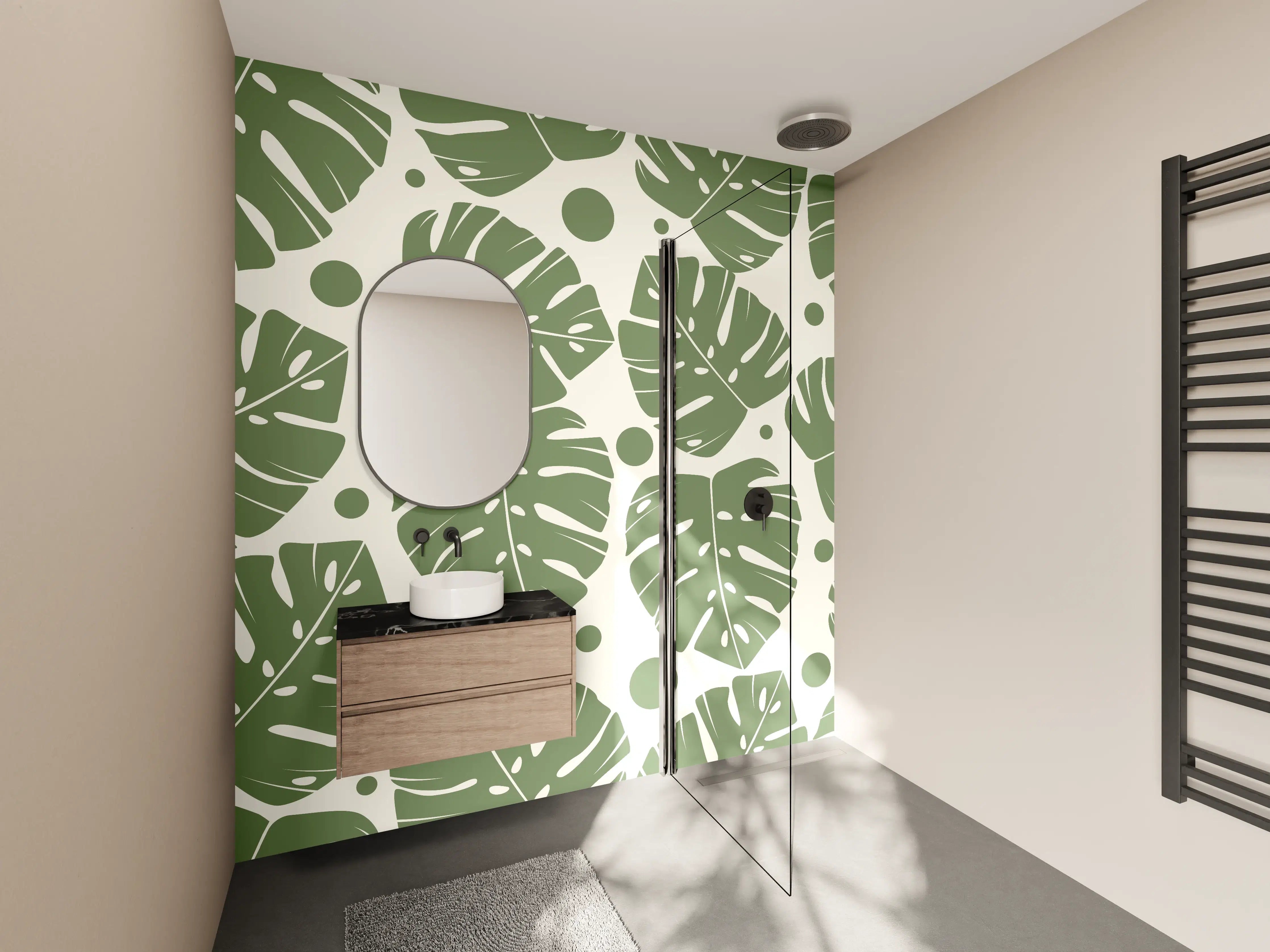 Wandverkleidung Bad - Monstera-Blätter Cremegrün