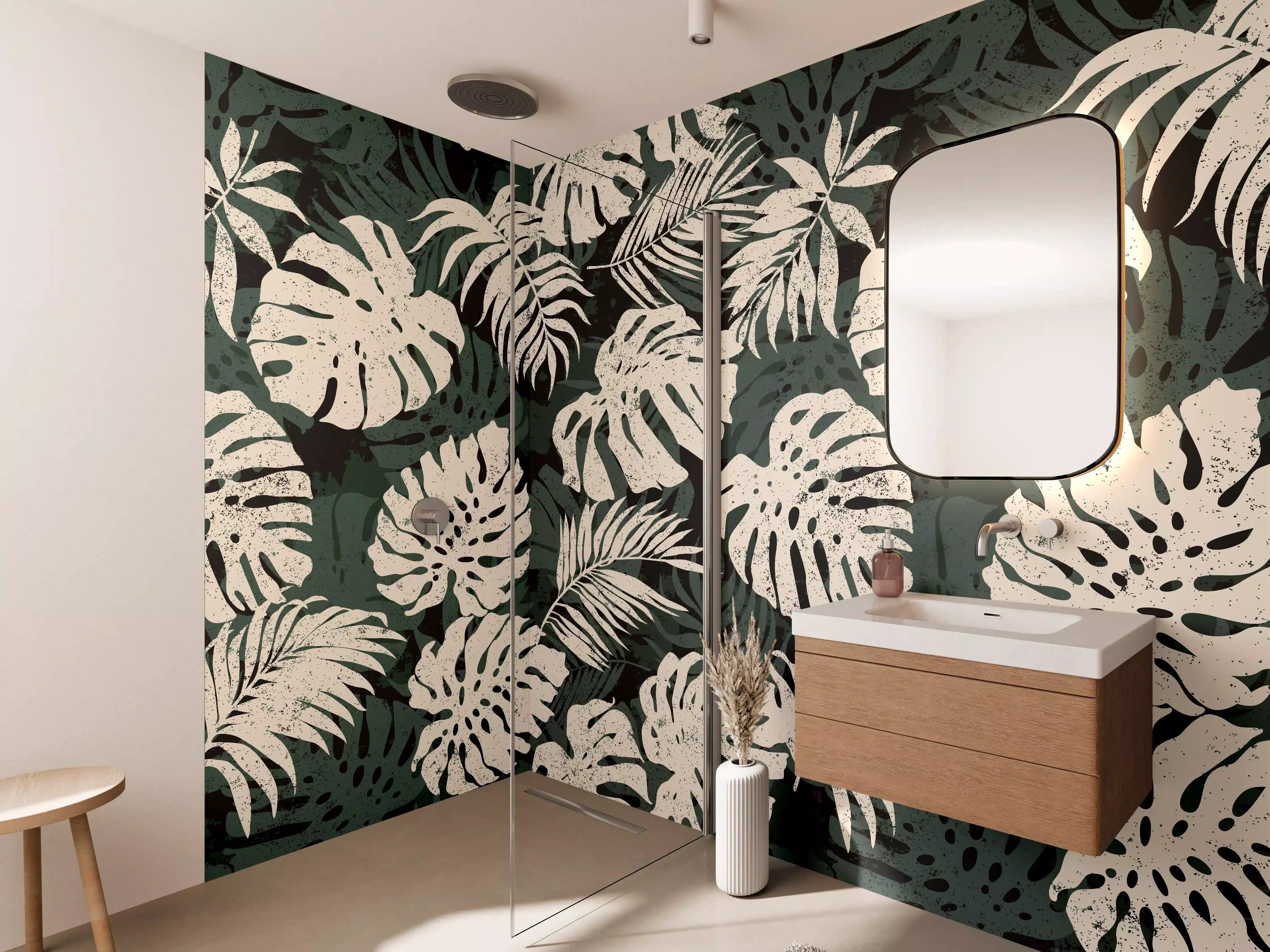 Wandverkleidung Bad - Monstera Blattmuster Grün-Beige