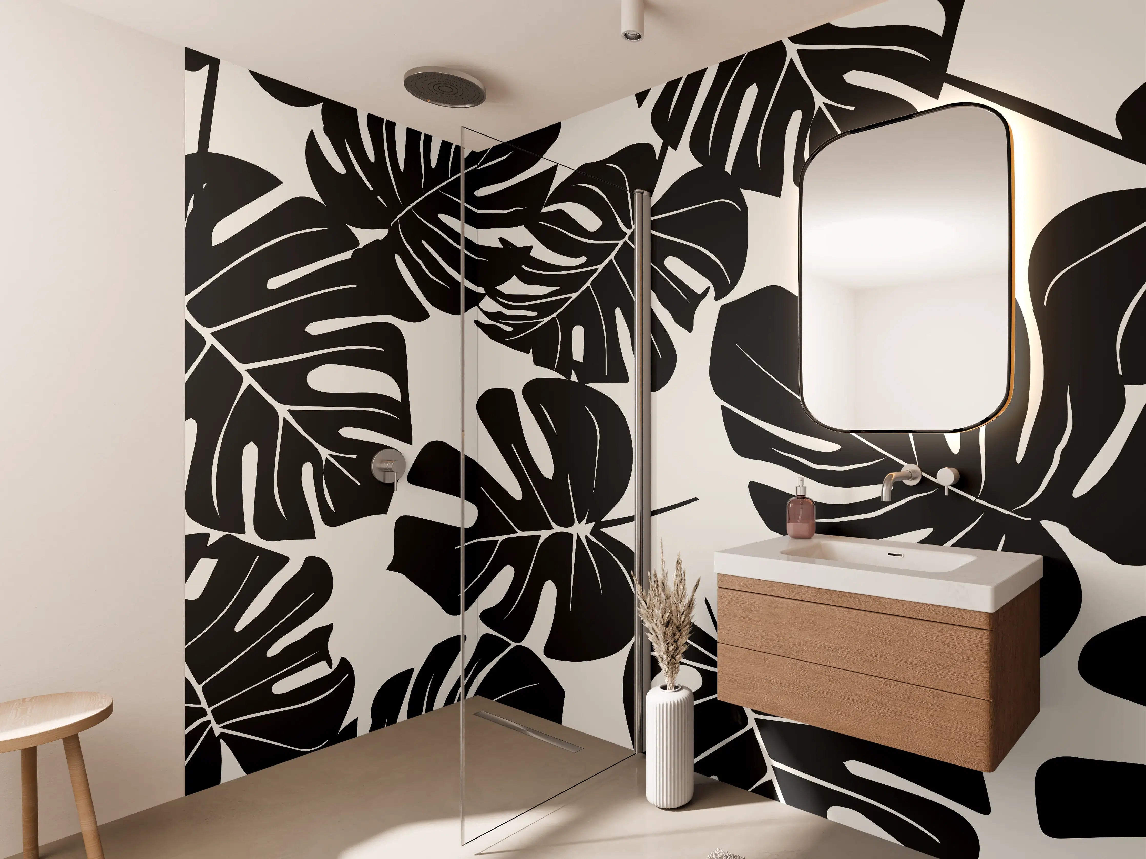 Wandverkleidung Bad - Monstera Schwarz-Beige Muster
